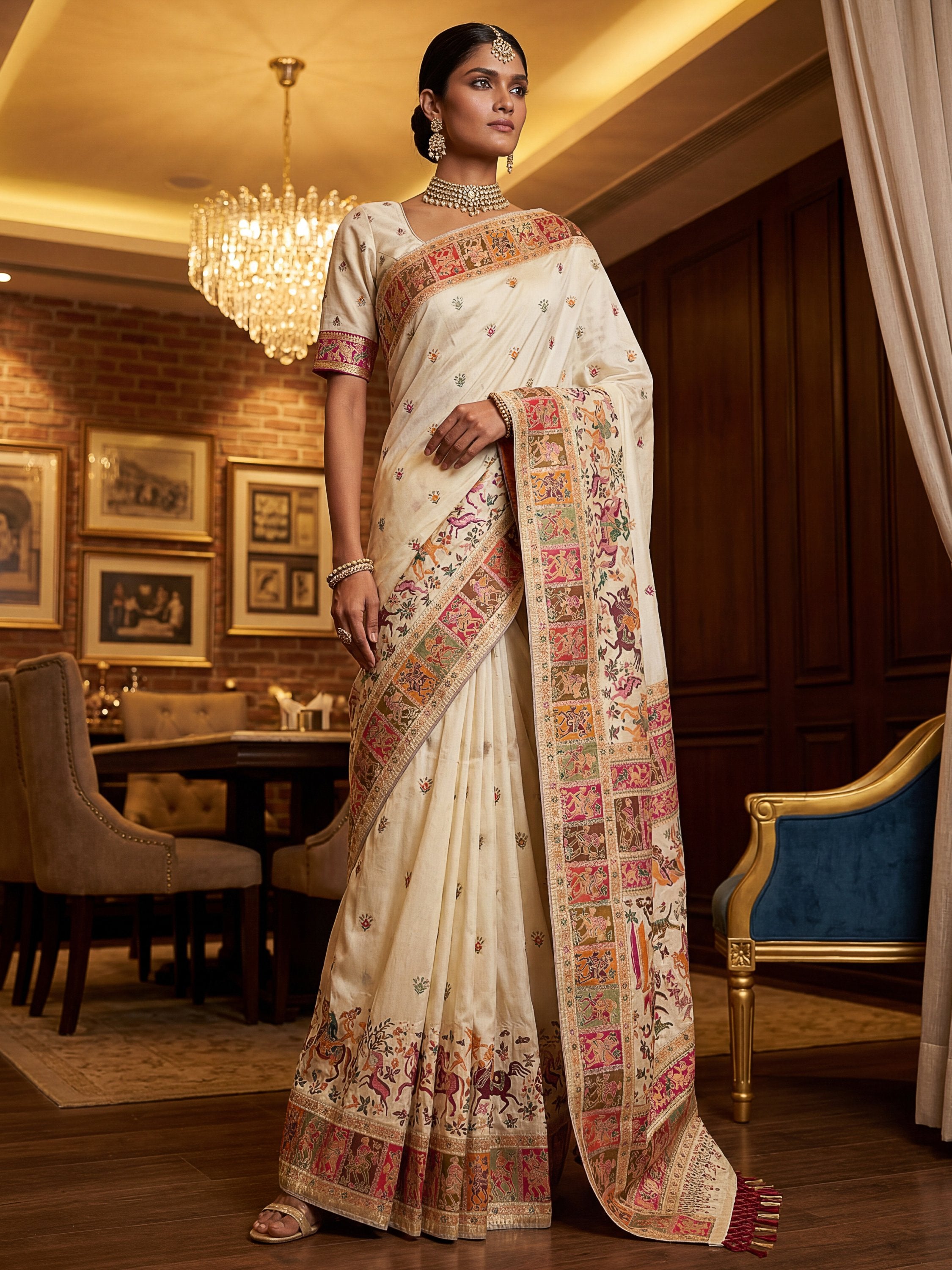 Excellent Cream Zari Work Pashmina Silk Festive Wear Saree With Blouse