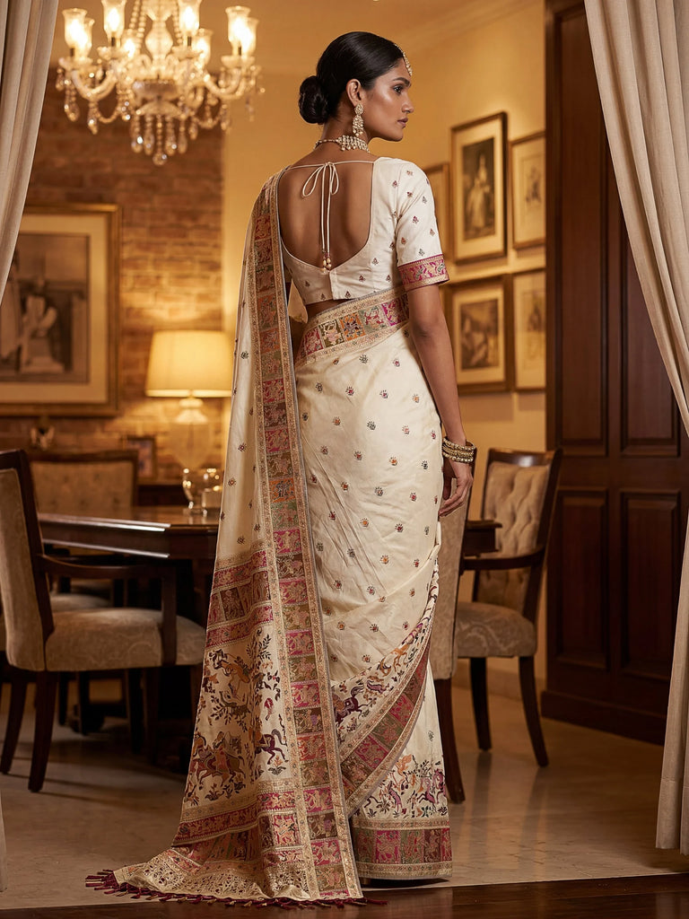 Excellent Cream Zari Work Pashmina Silk Festive Wear Saree With Blouse