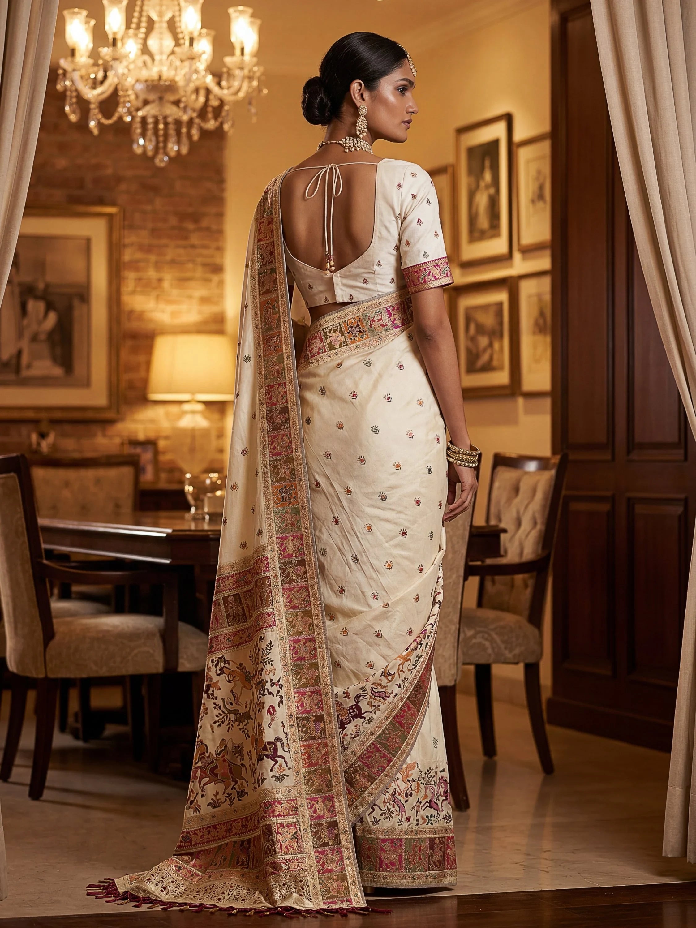 Excellent Cream Zari Work Pashmina Silk Festive Wear Saree With Blouse