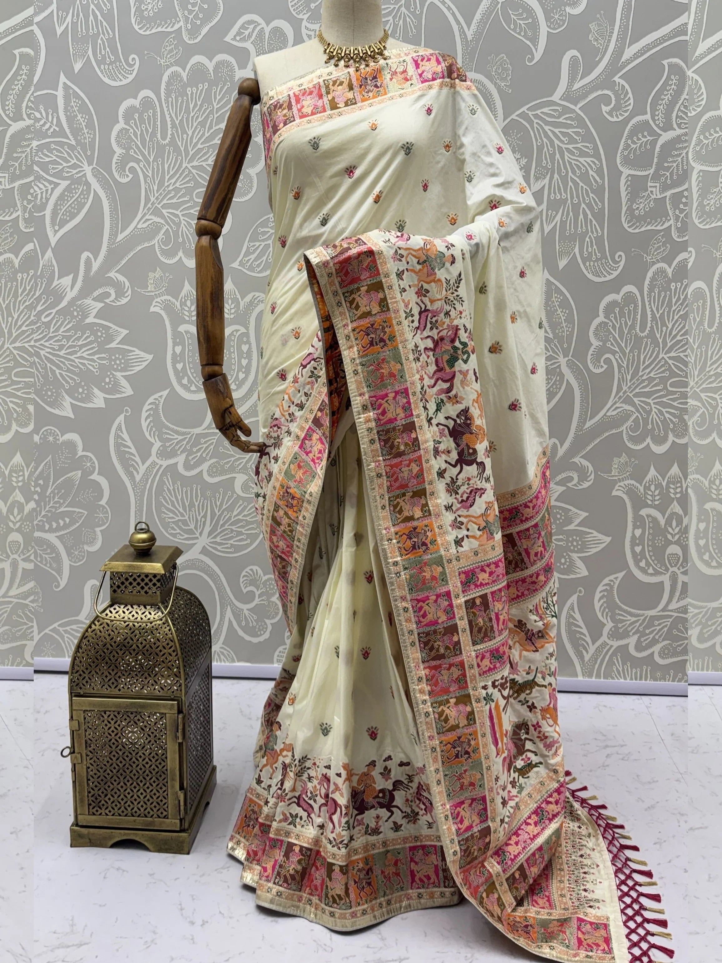 Excellent Cream Zari Work Pashmina Silk Festive Wear Saree With Blouse