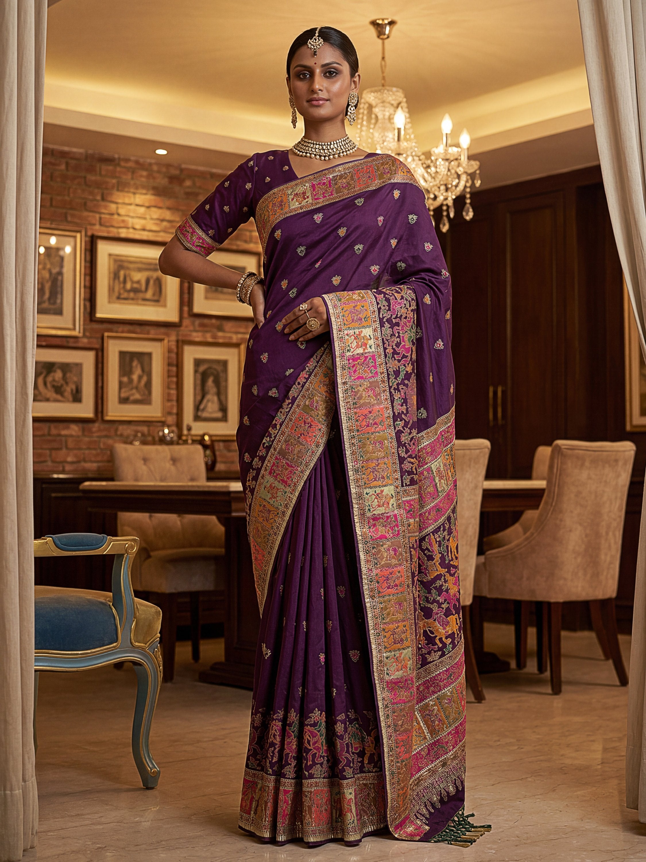 Superb Purple Zari Work Pashmina Wedding Wear Saree With Blouse