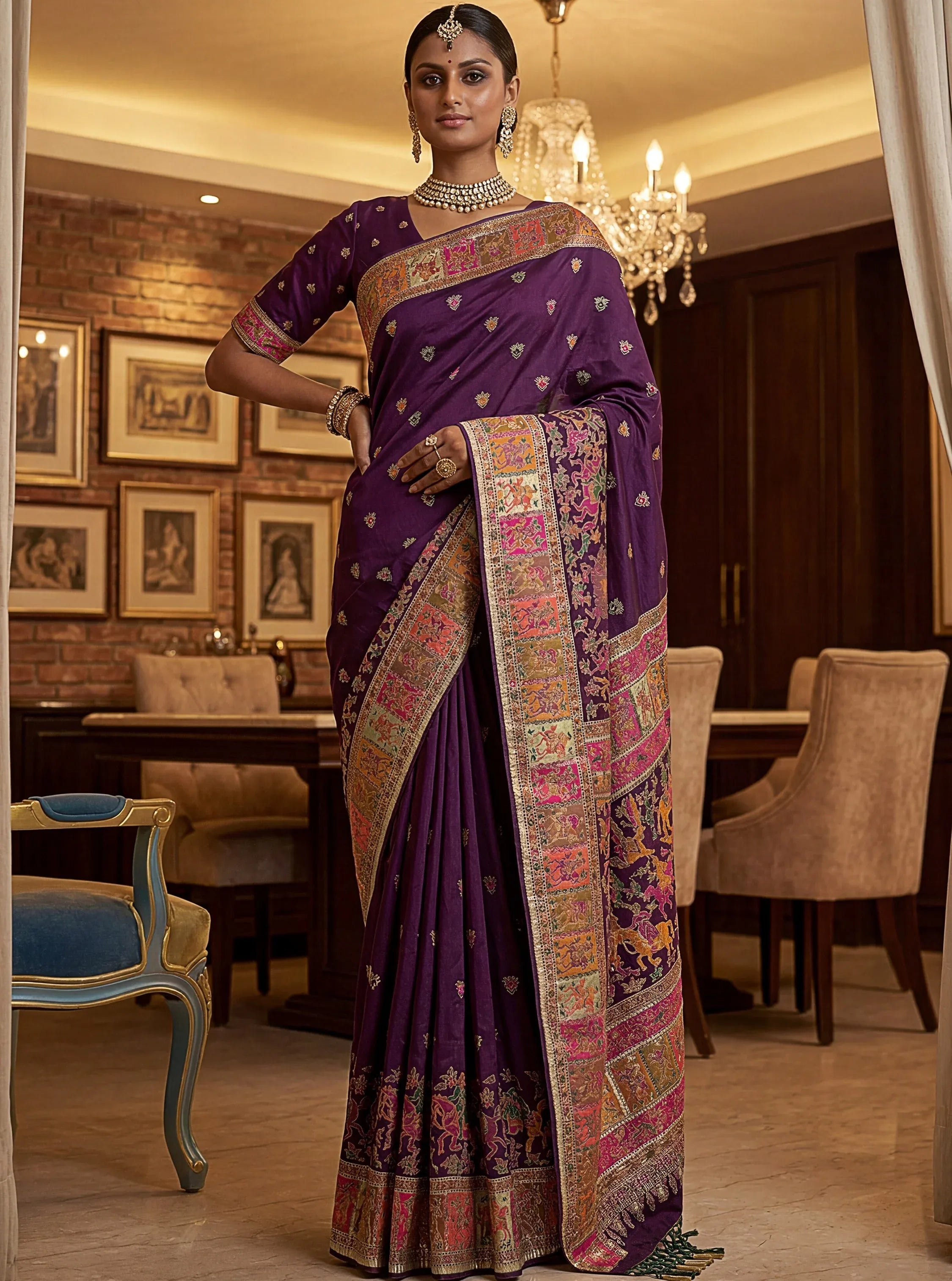 Superb Purple Zari Work Pashmina Wedding Wear Saree With Blouse