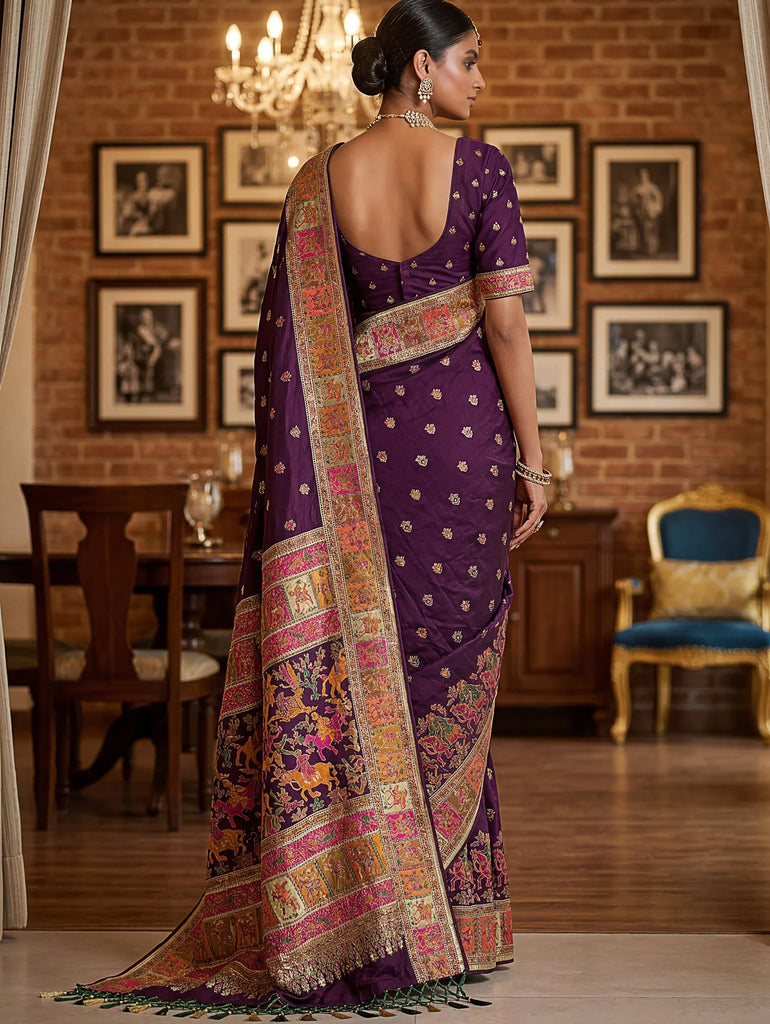 Superb Purple Zari Work Pashmina Wedding Wear Saree With Blouse