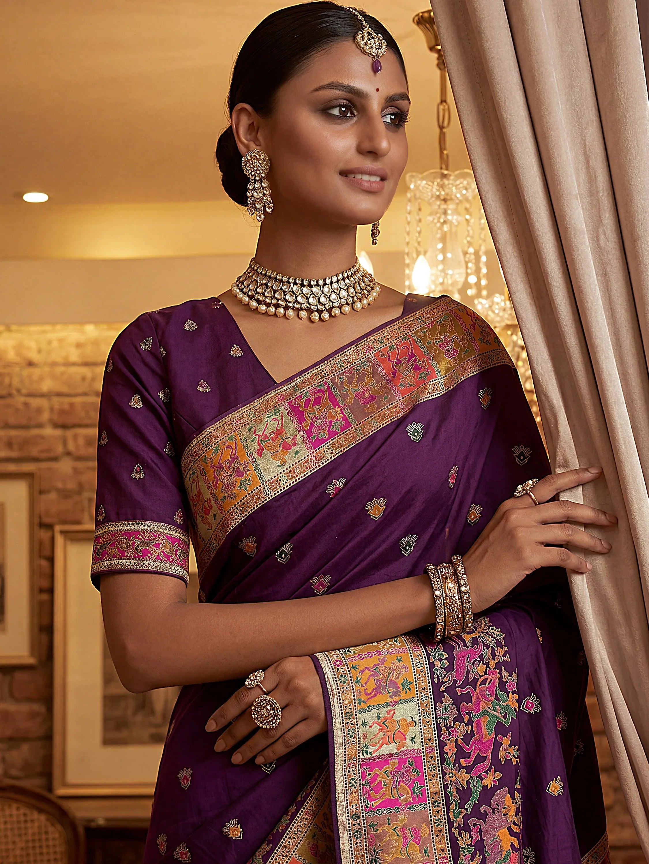 Superb Purple Zari Work Pashmina Wedding Wear Saree With Blouse