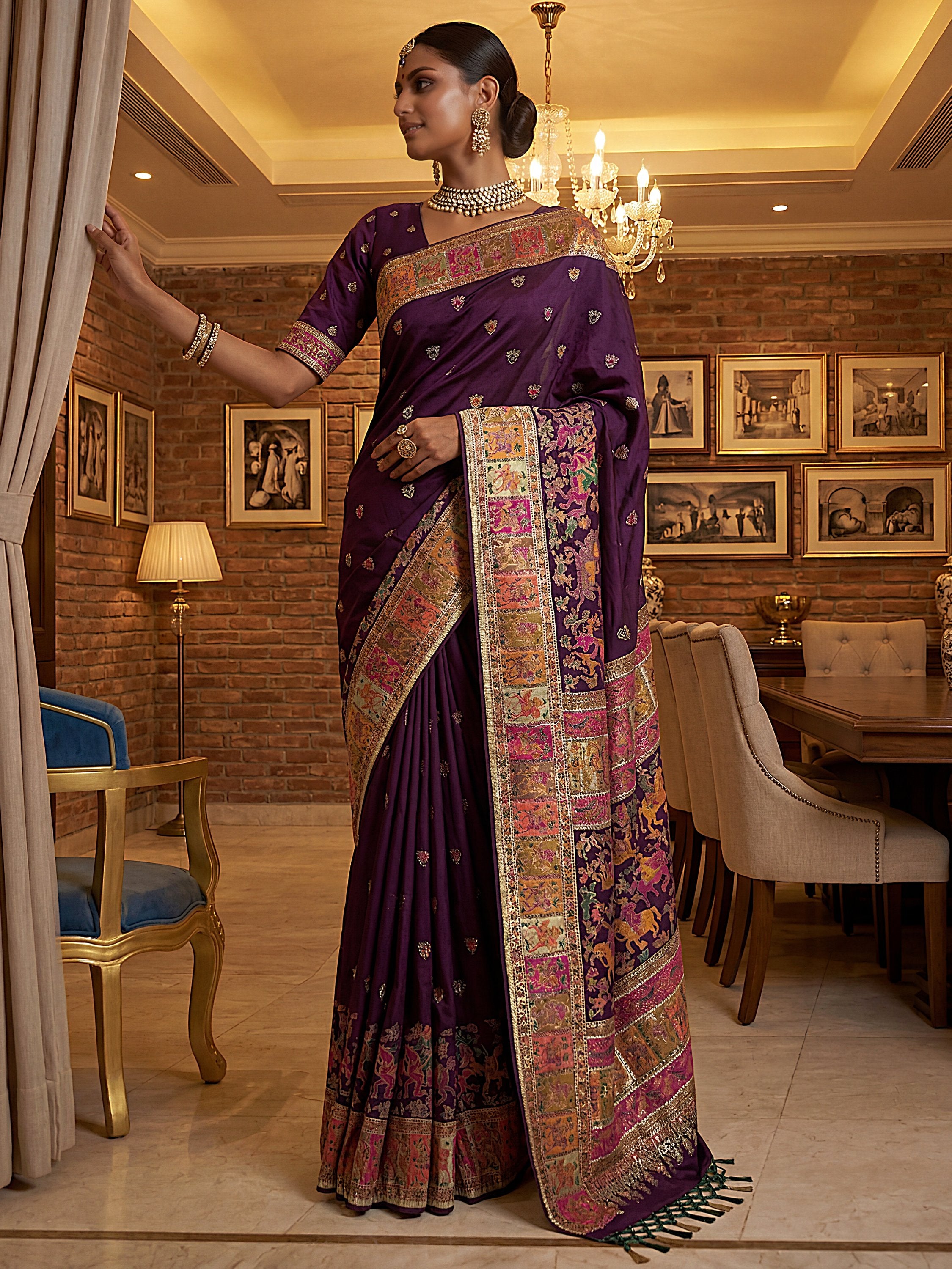 Superb Purple Zari Work Pashmina Wedding Wear Saree With Blouse