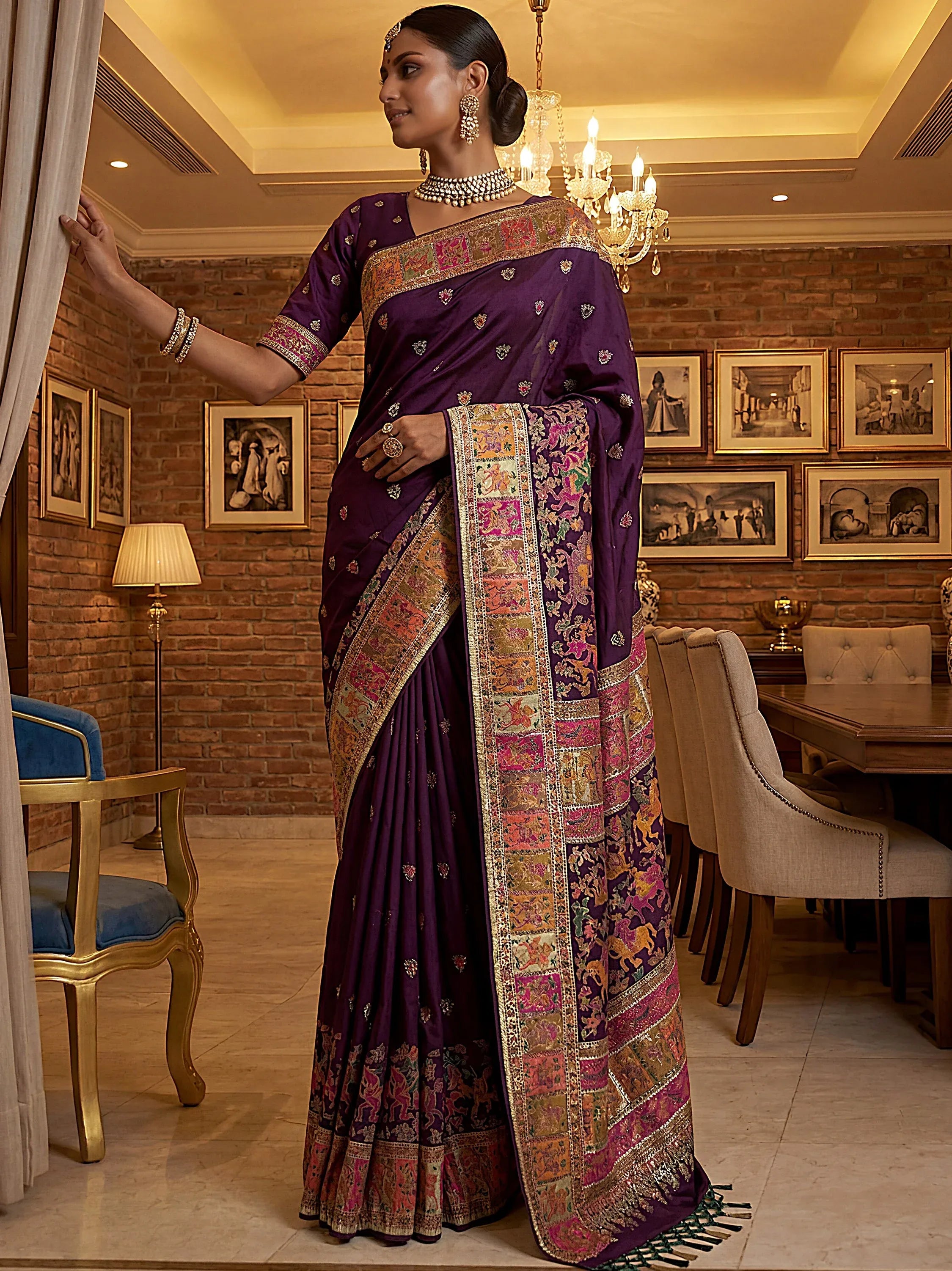 Superb Purple Zari Work Pashmina Wedding Wear Saree With Blouse