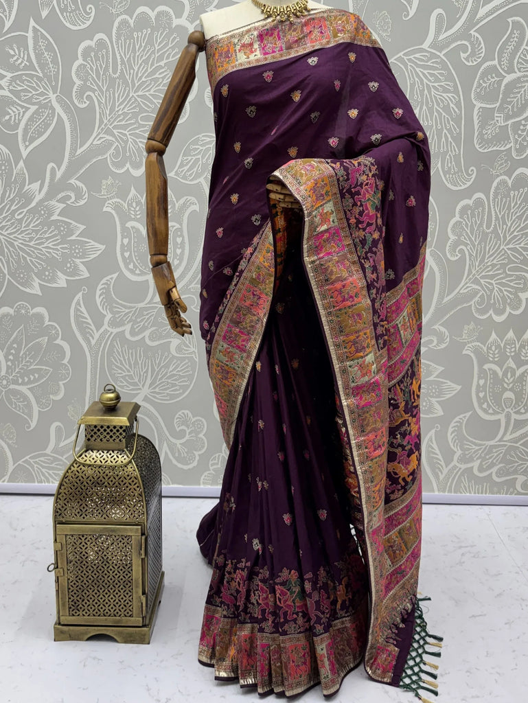 Superb Purple Zari Work Pashmina Wedding Wear Saree With Blouse