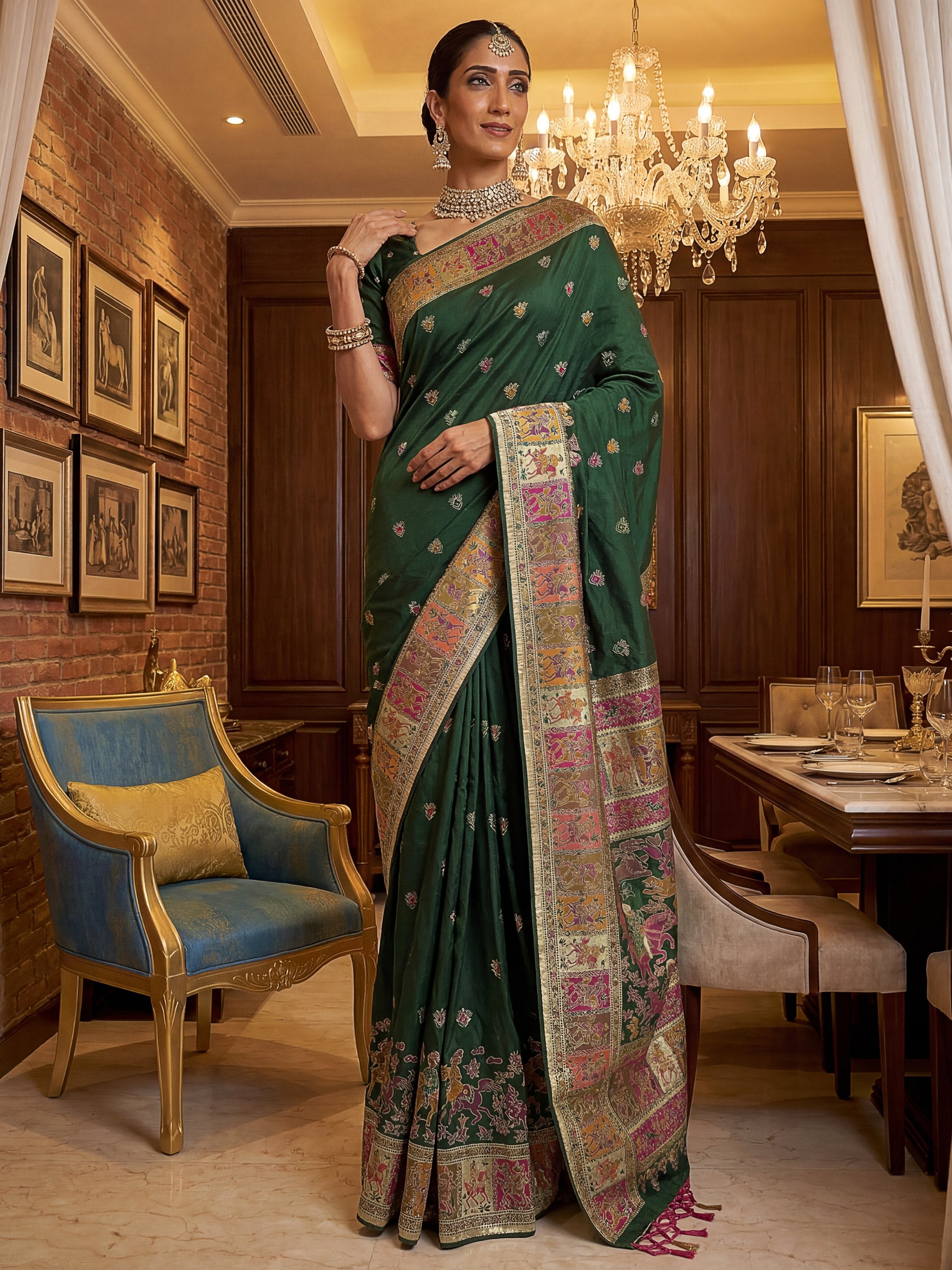 Astonishing Bottle Green Zari Work Pashmina Mehendi Wear Saree With Blouse