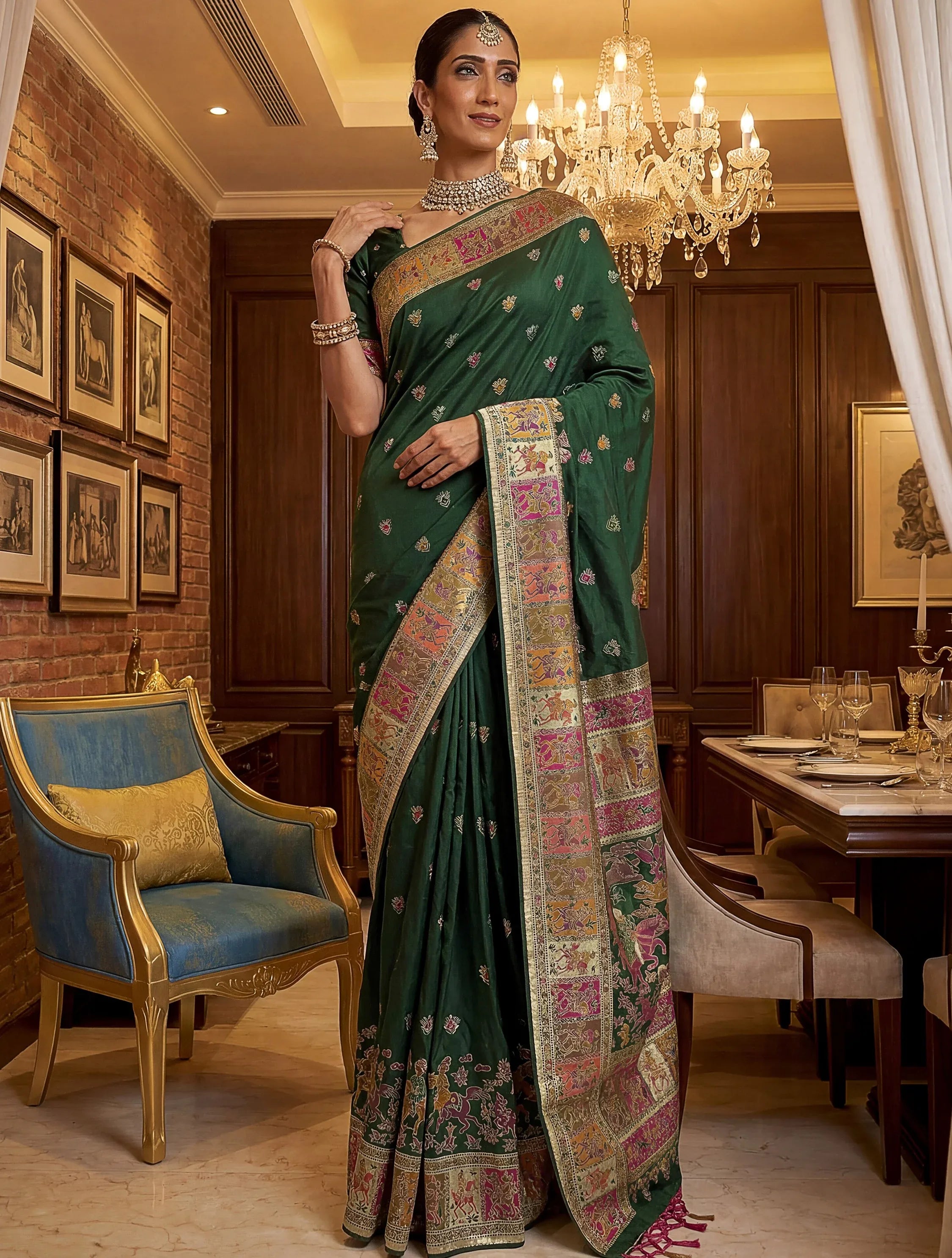 Astonishing Bottle Green Zari Work Pashmina Mehendi Wear Saree With Blouse