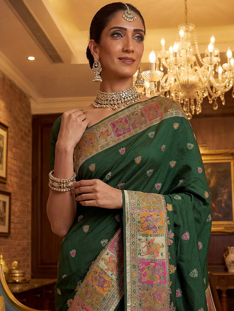 Astonishing Bottle Green Zari Work Pashmina Mehendi Wear Saree With Blouse