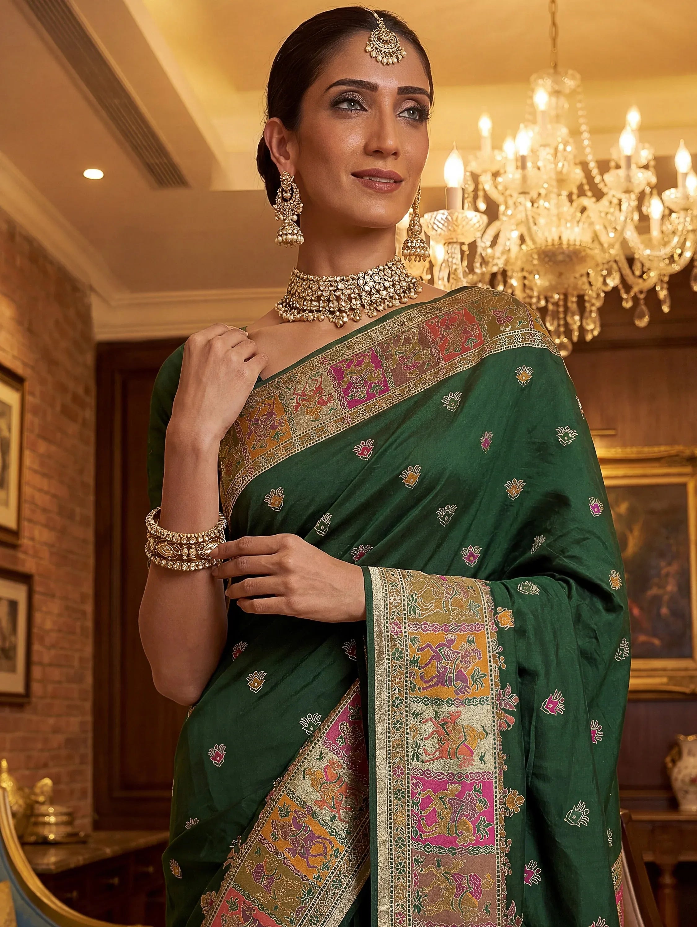 Astonishing Bottle Green Zari Work Pashmina Mehendi Wear Saree With Blouse