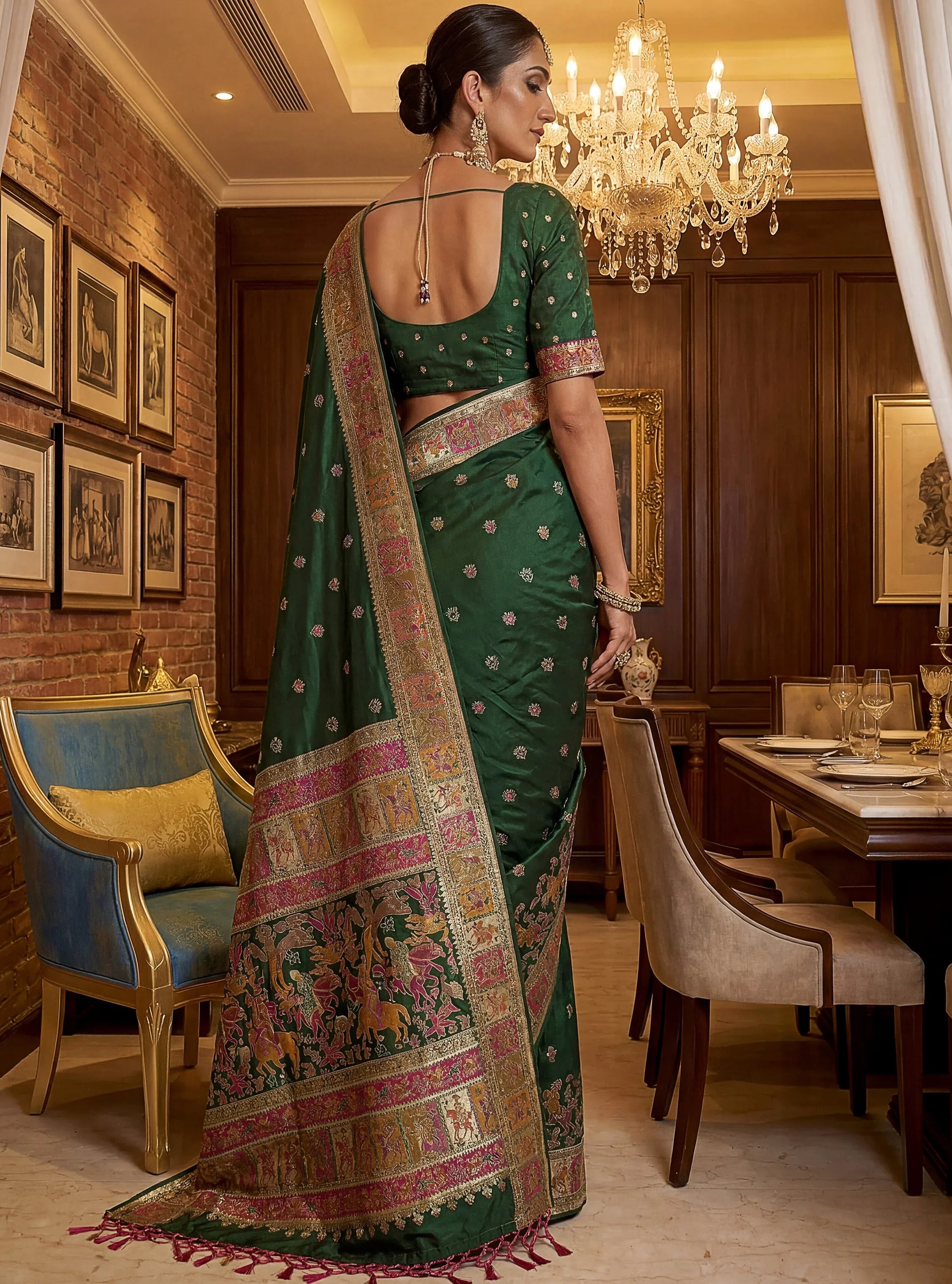 Astonishing Bottle Green Zari Work Pashmina Mehendi Wear Saree With Blouse