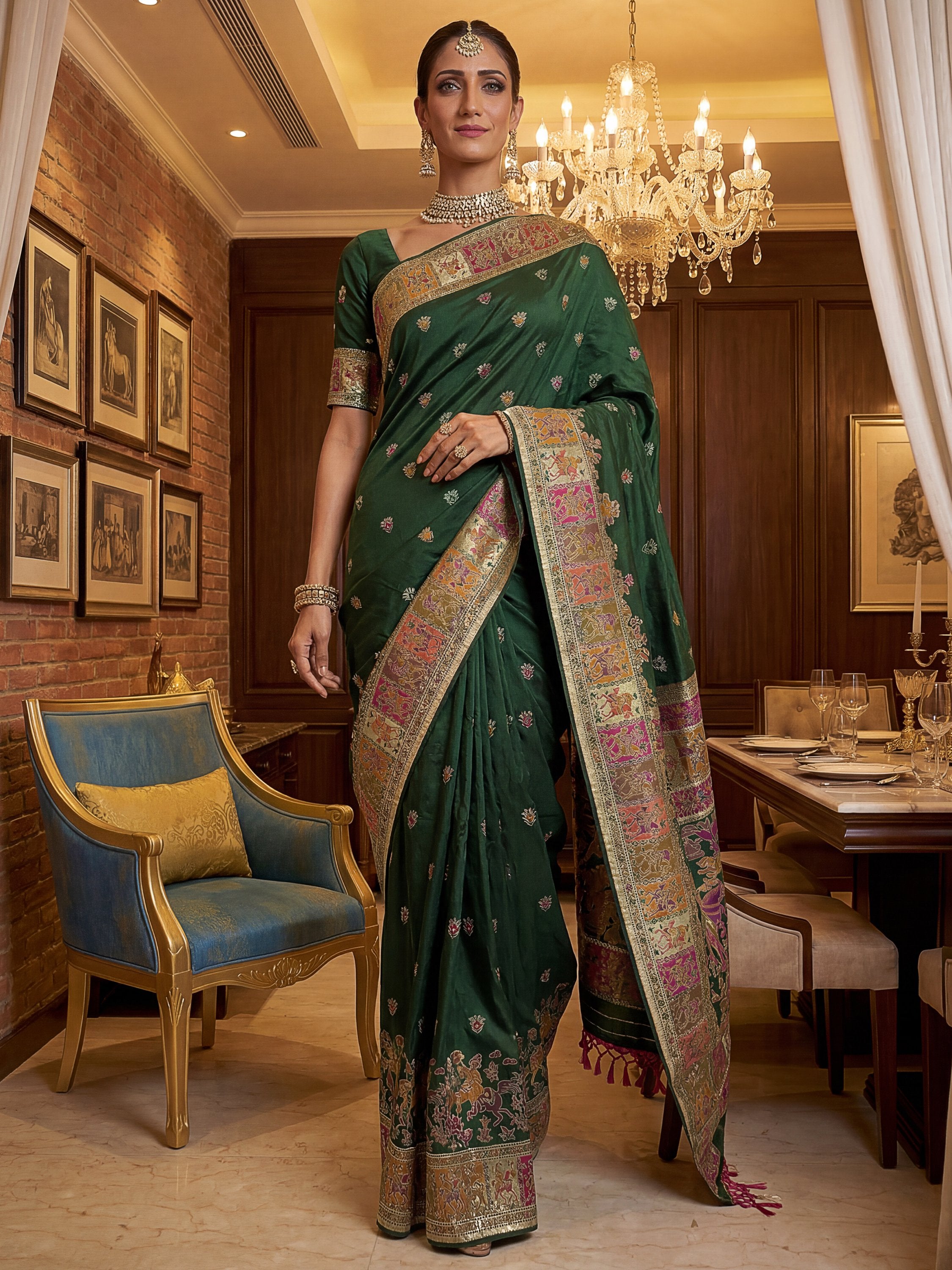 Astonishing Bottle Green Zari Work Pashmina Mehendi Wear Saree With Blouse