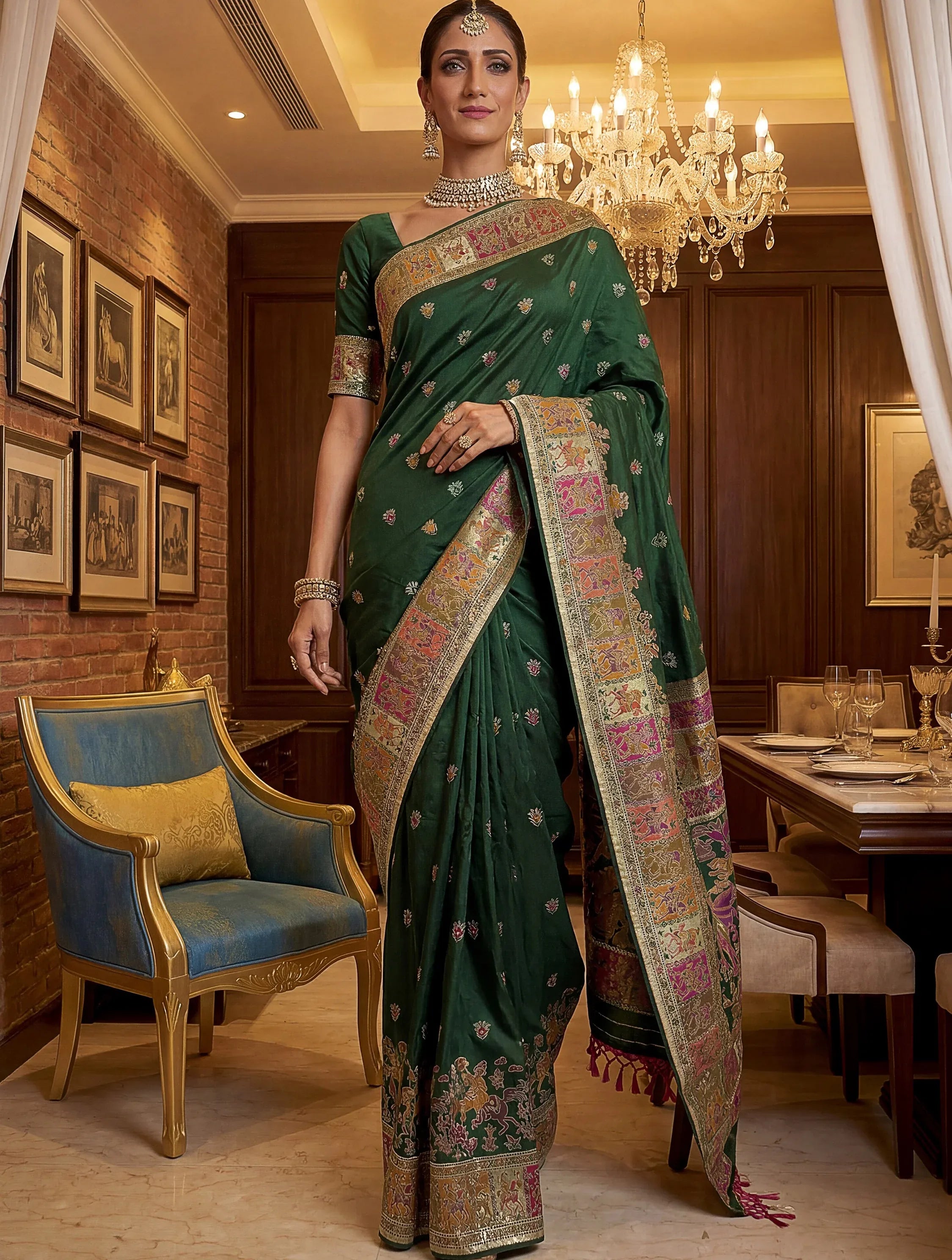 Astonishing Bottle Green Zari Work Pashmina Mehendi Wear Saree With Blouse