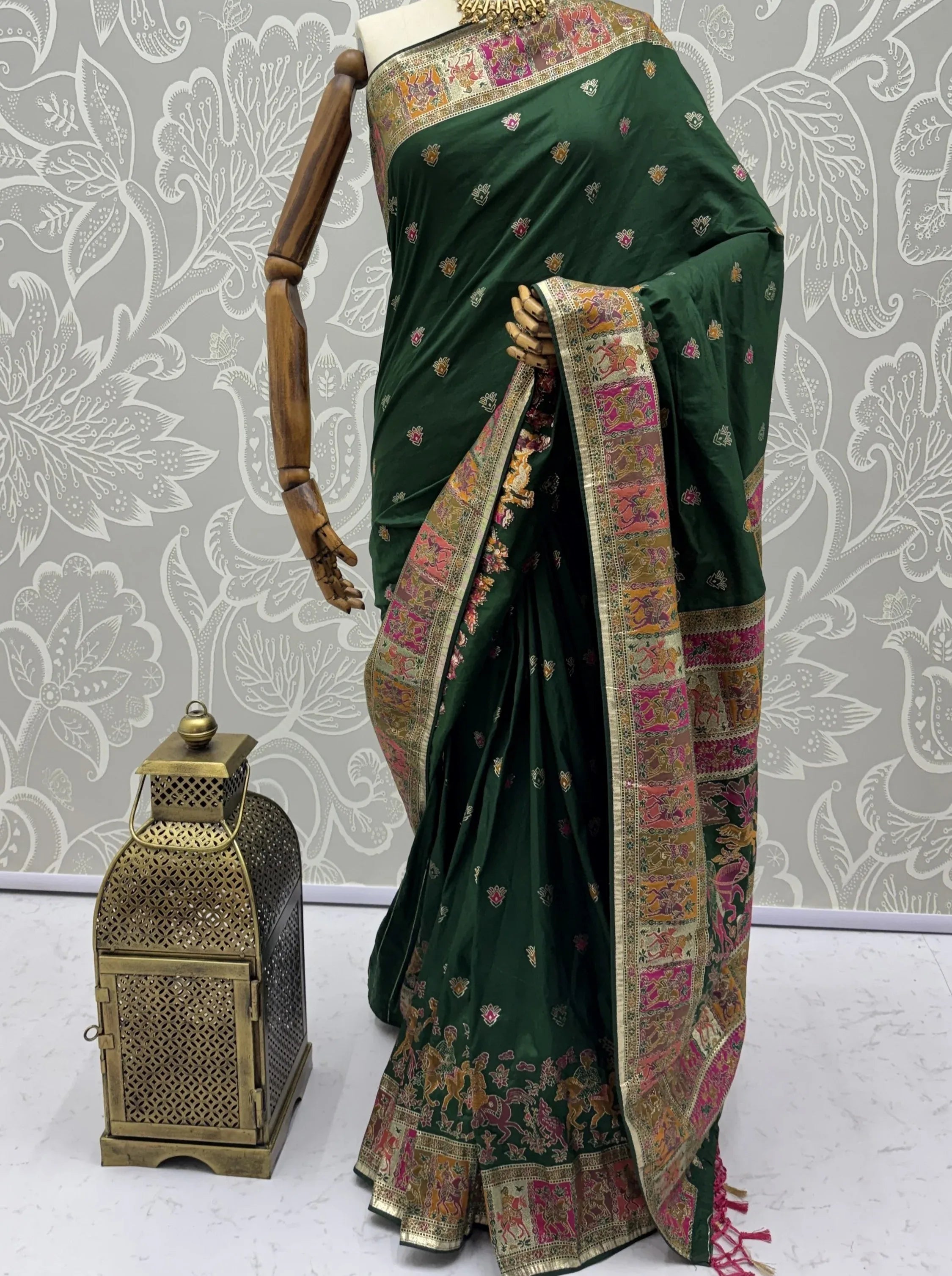 Astonishing Bottle Green Zari Work Pashmina Mehendi Wear Saree With Blouse
