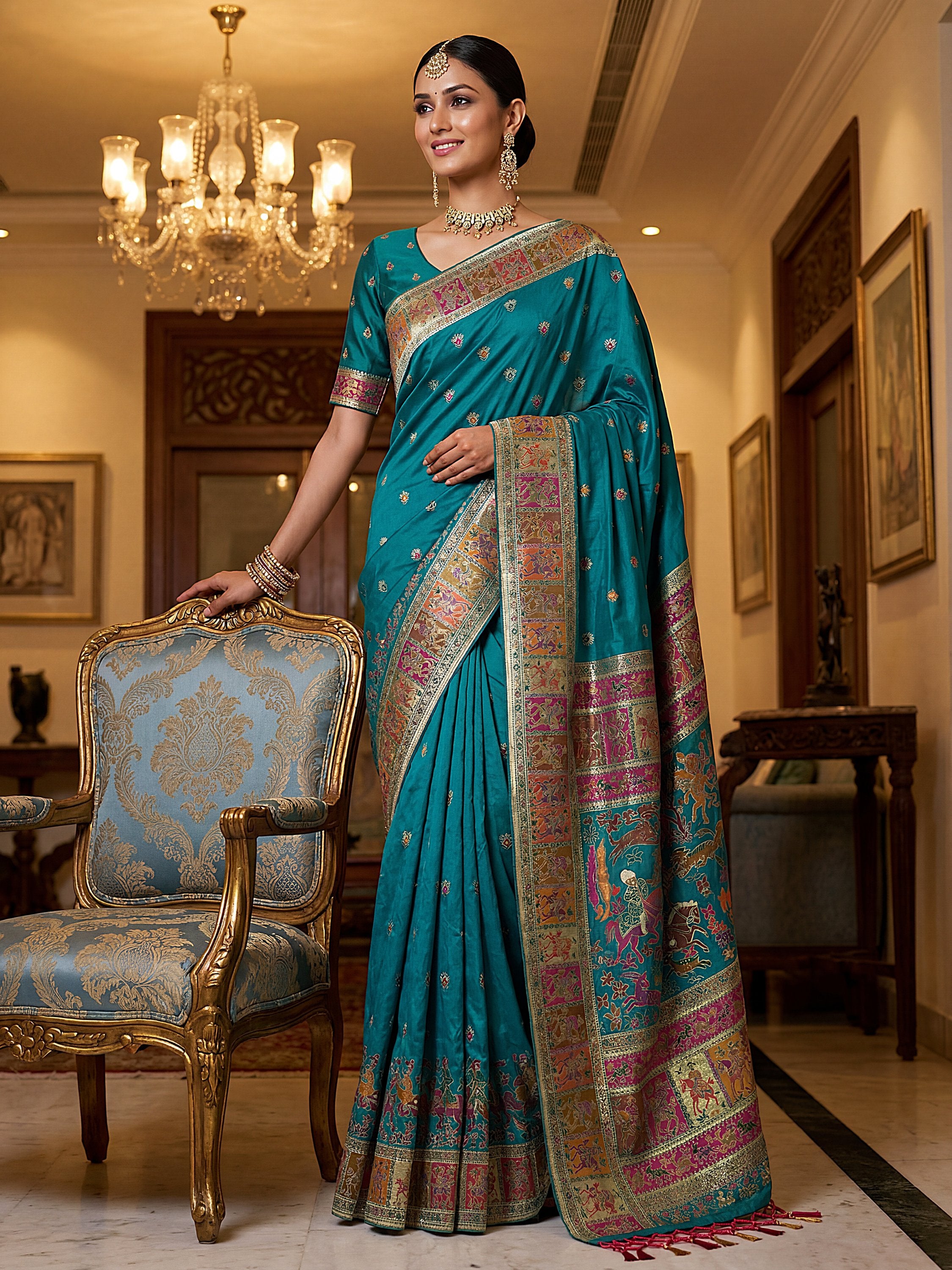 Lovely Teal Blue Zari Work Pashmina Reception Wear Saree With Blouse