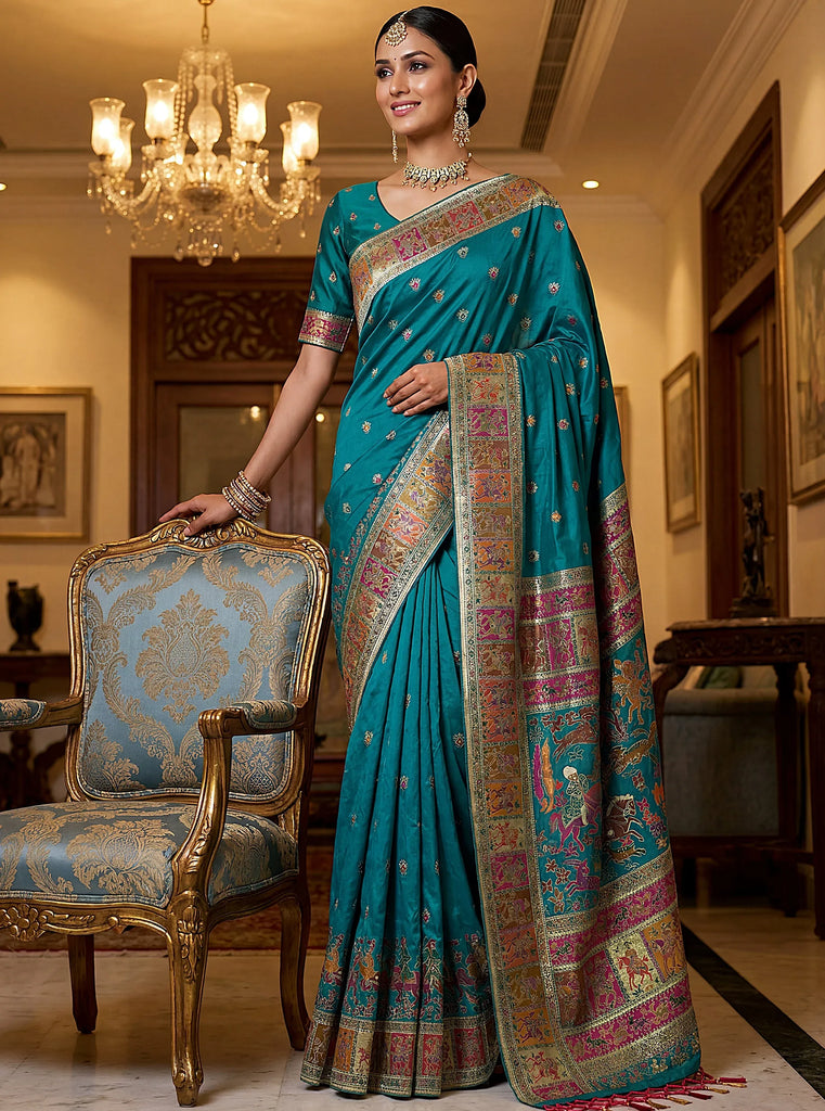 Lovely Teal Blue Zari Work Pashmina Reception Wear Saree With Blouse