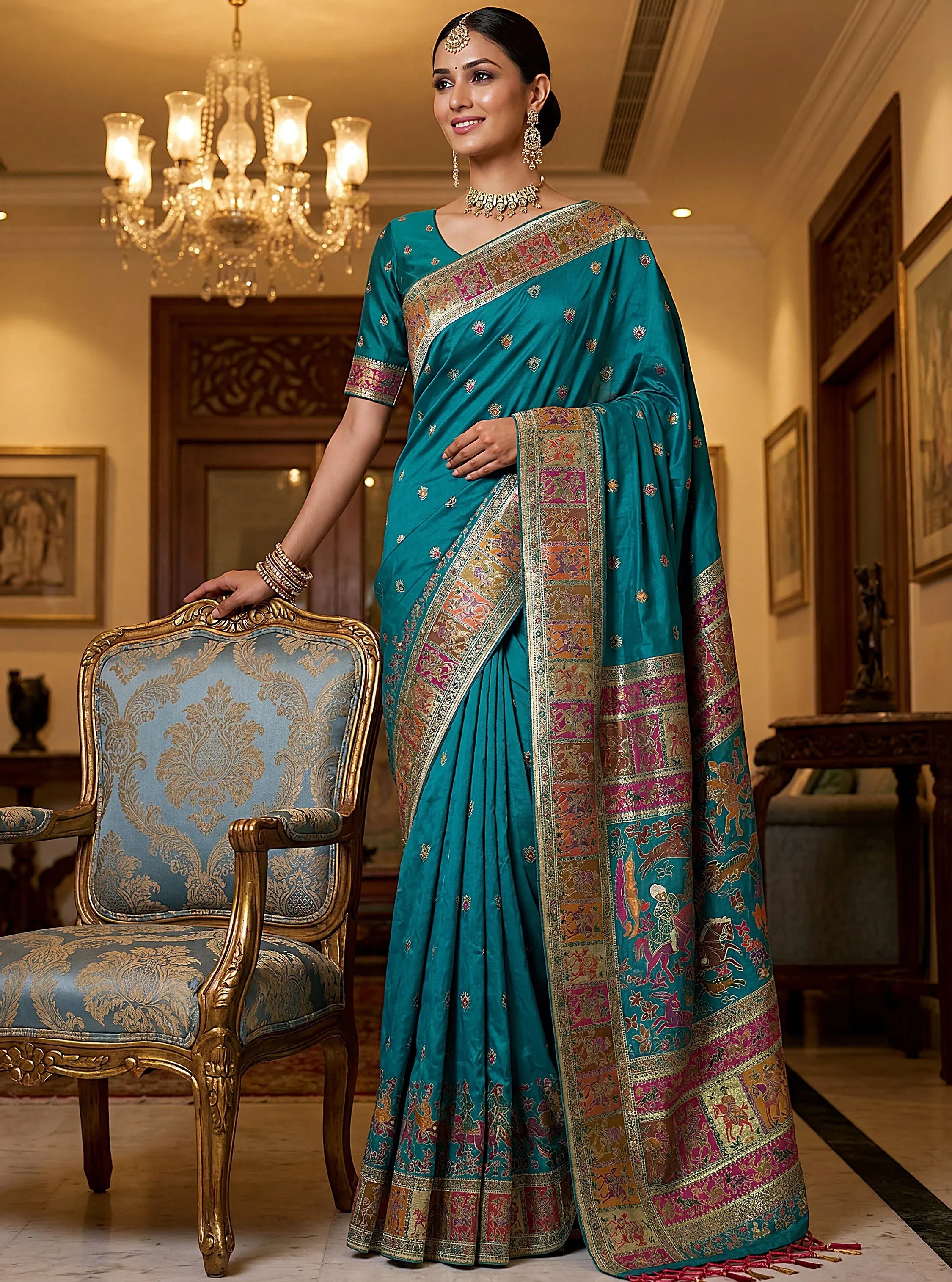 Lovely Teal Blue Zari Work Pashmina Reception Wear Saree With Blouse