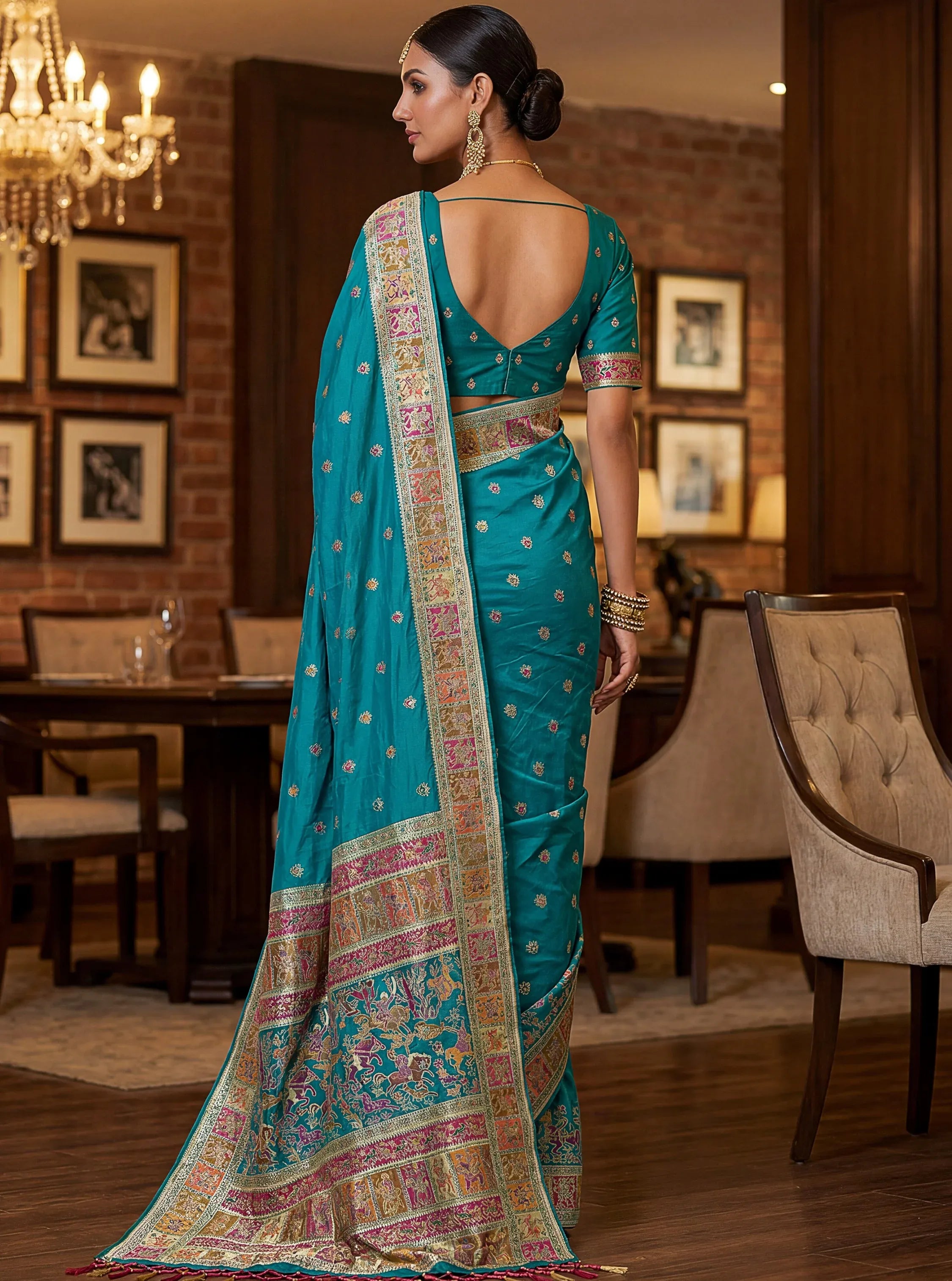 Lovely Teal Blue Zari Work Pashmina Reception Wear Saree With Blouse