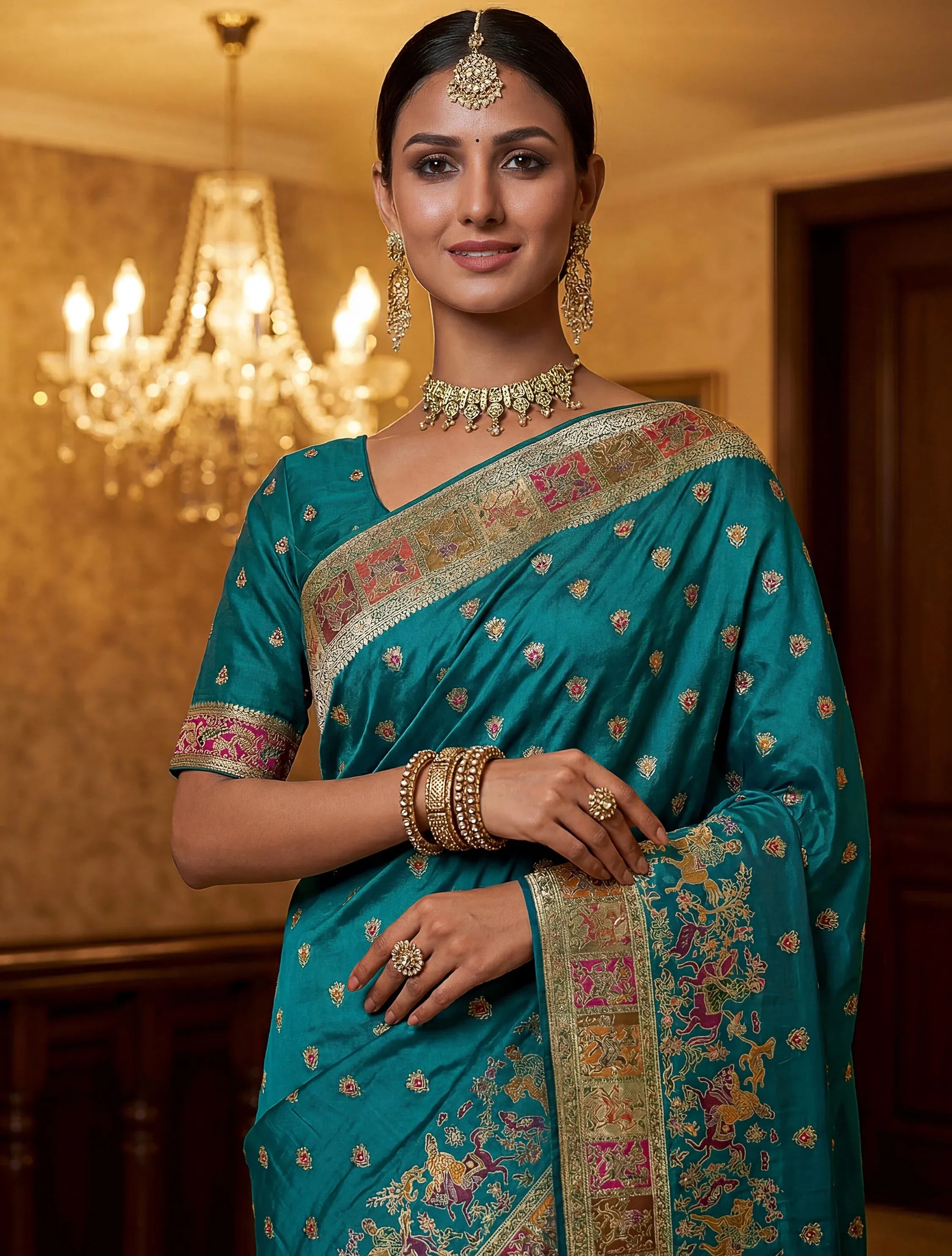 Lovely Teal Blue Zari Work Pashmina Reception Wear Saree With Blouse