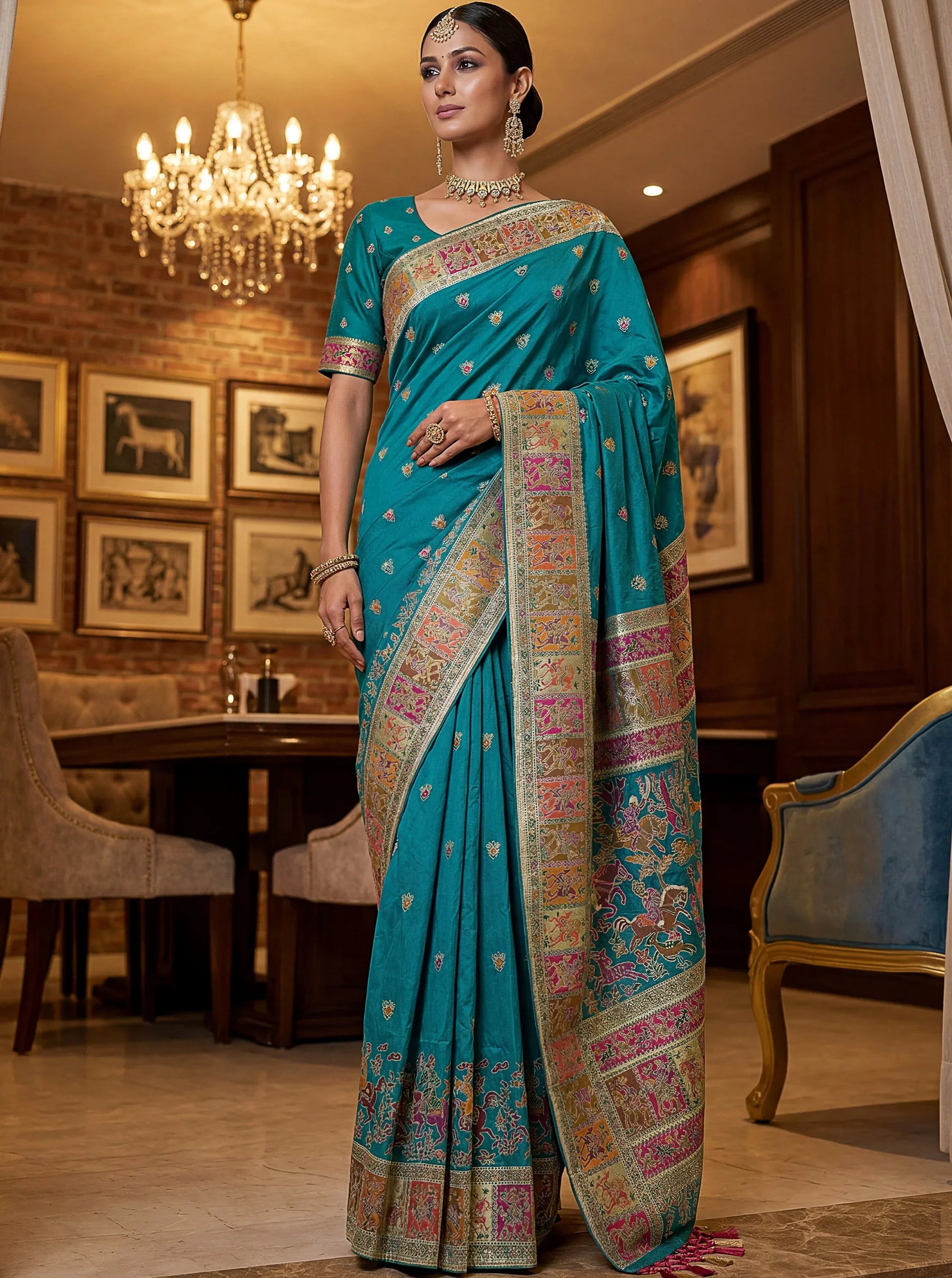 Lovely Teal Blue Zari Work Pashmina Reception Wear Saree With Blouse