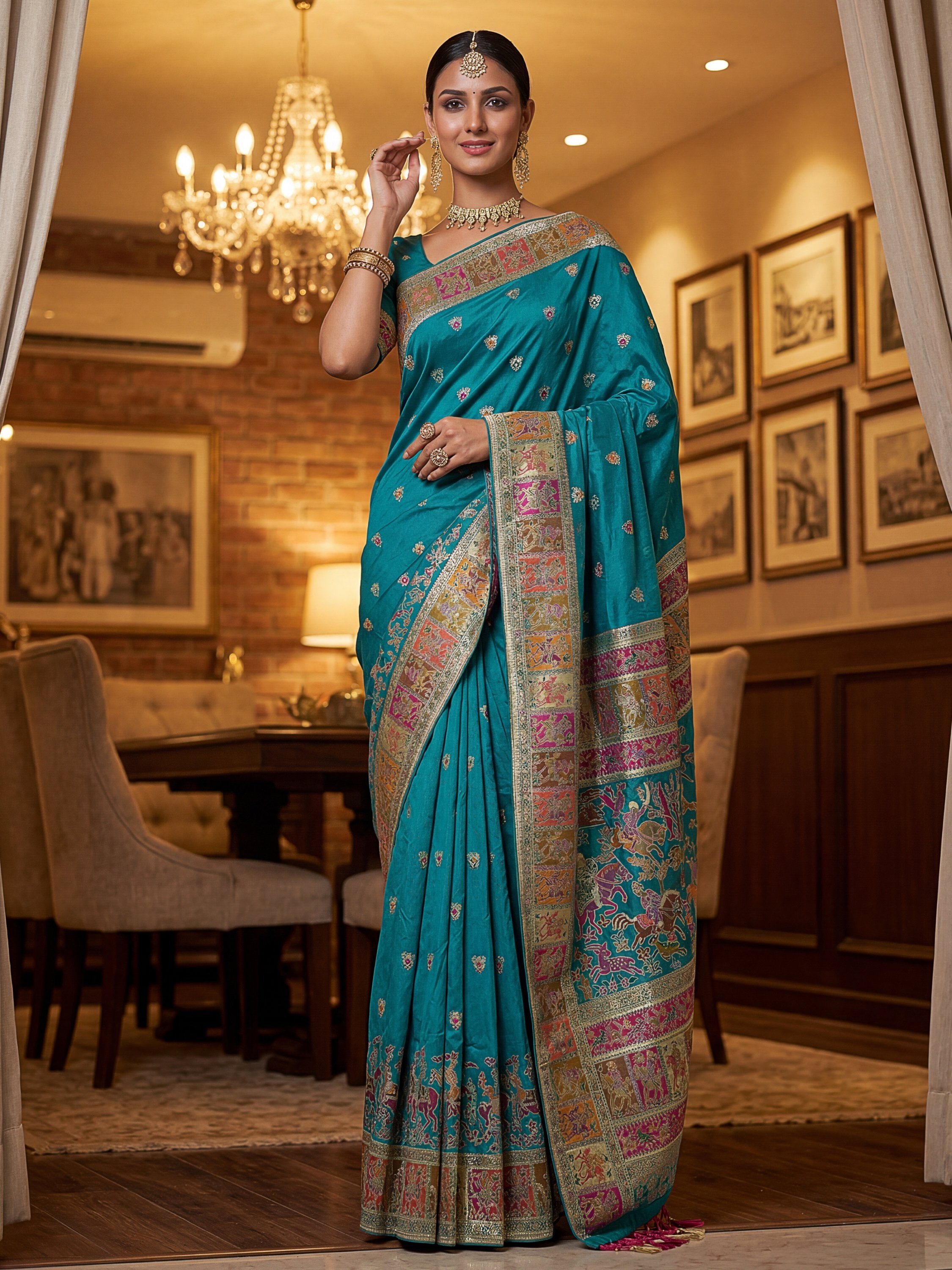 Lovely Teal Blue Zari Work Pashmina Reception Wear Saree With Blouse