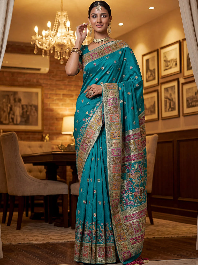 Lovely Teal Blue Zari Work Pashmina Reception Wear Saree With Blouse