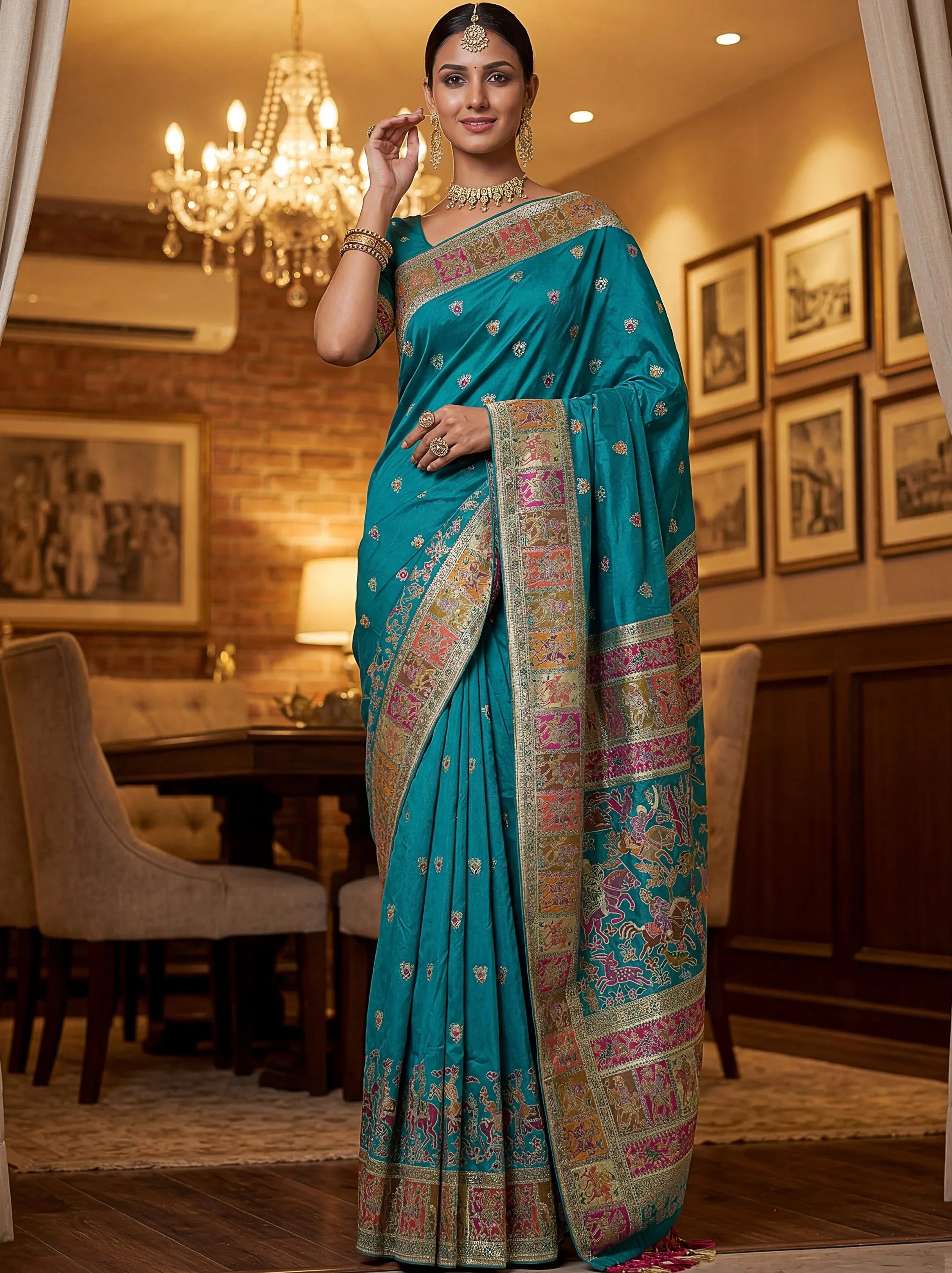 Lovely Teal Blue Zari Work Pashmina Reception Wear Saree With Blouse