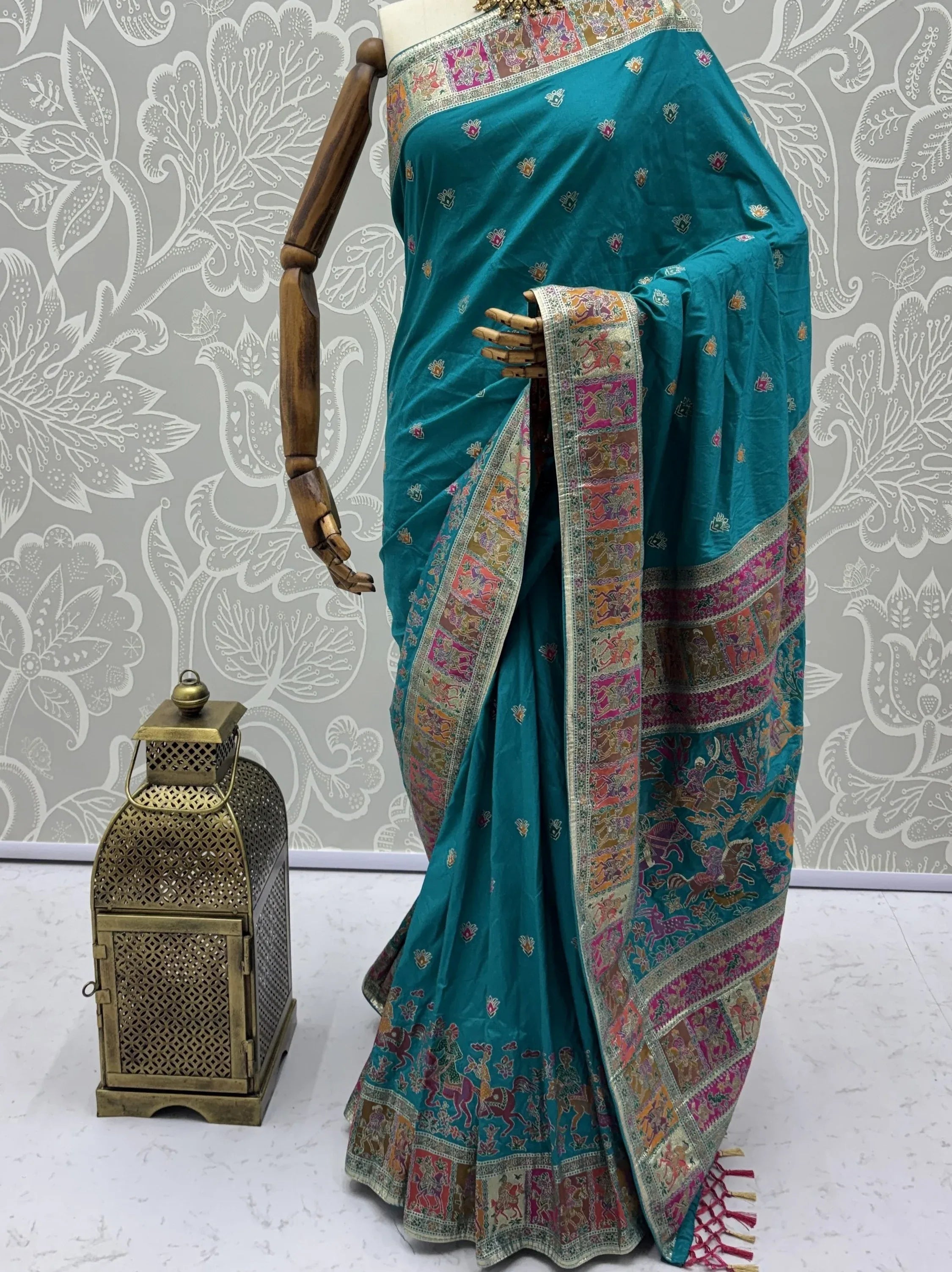Lovely Teal Blue Zari Work Pashmina Reception Wear Saree With Blouse