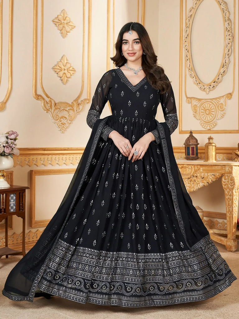 Majestic Navy-Blue Foil Work Georgette Reception Wear Gown