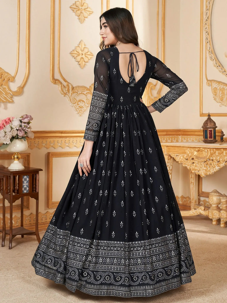 Majestic Navy-Blue Foil Work Georgette Reception Wear Gown