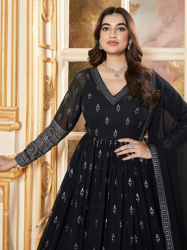 Majestic Navy-Blue Foil Work Georgette Reception Wear Gown