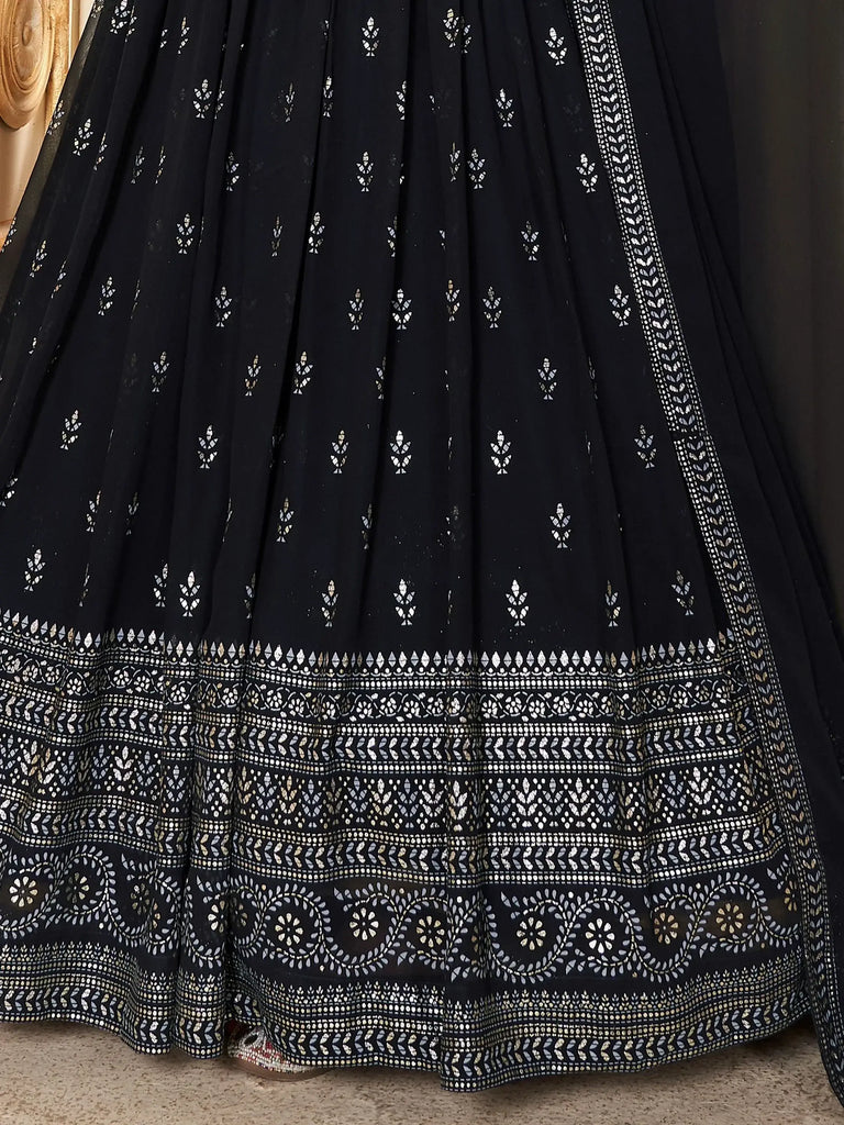 Majestic Navy-Blue Foil Work Georgette Reception Wear Gown