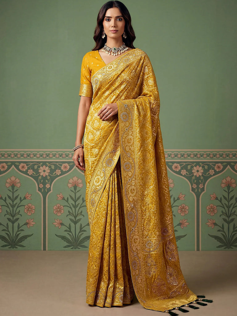 Alluring Mustard Yellow Zari Work Silk Event Wear Saree With Blouse