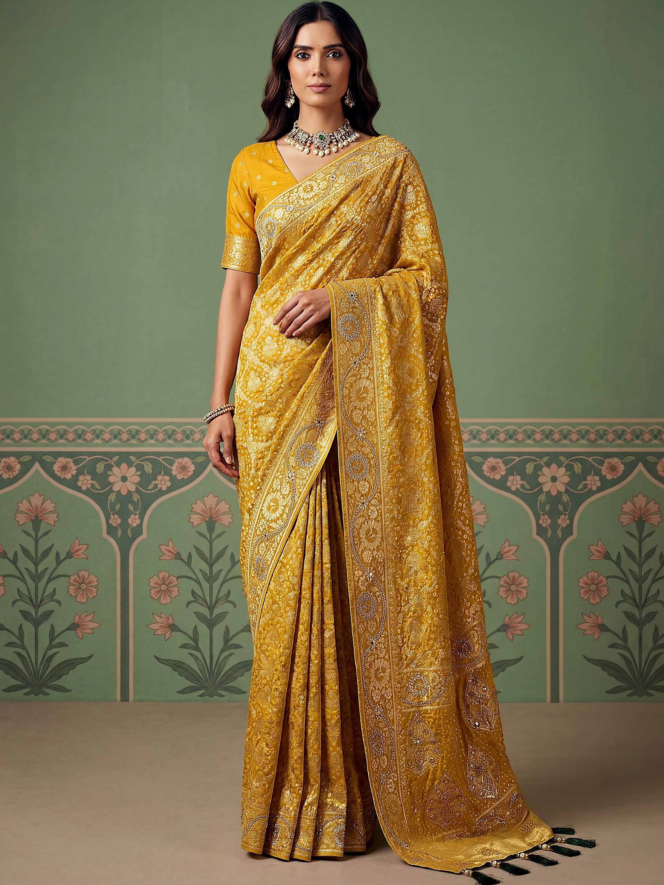 Alluring Mustard Yellow Zari Work Silk Event Wear Saree With Blouse