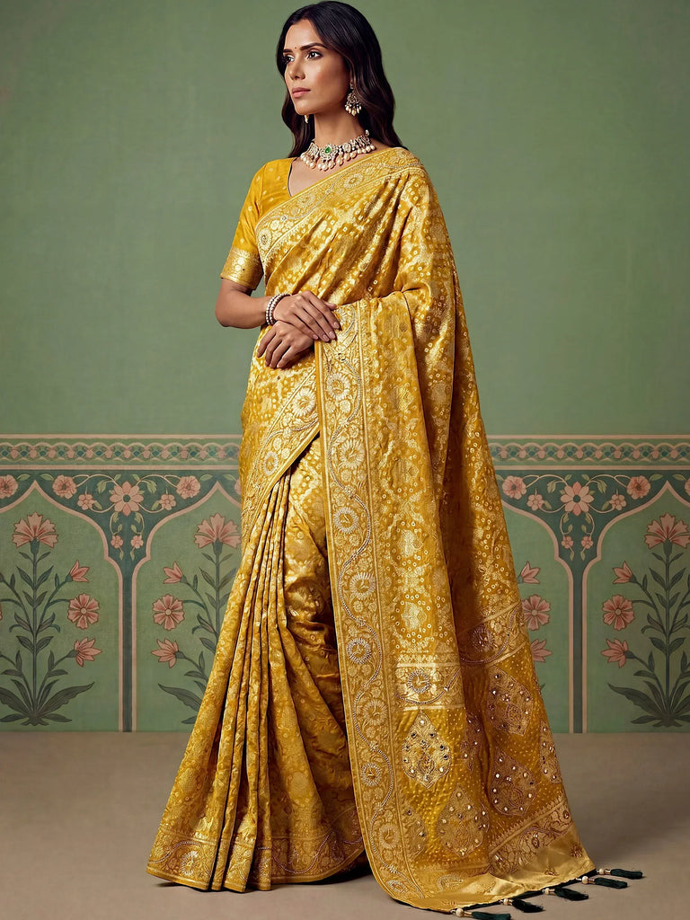 Alluring Mustard Yellow Zari Work Silk Event Wear Saree With Blouse