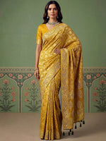 Alluring Mustard Yellow Zari Work Silk Event Wear Saree With Blouse