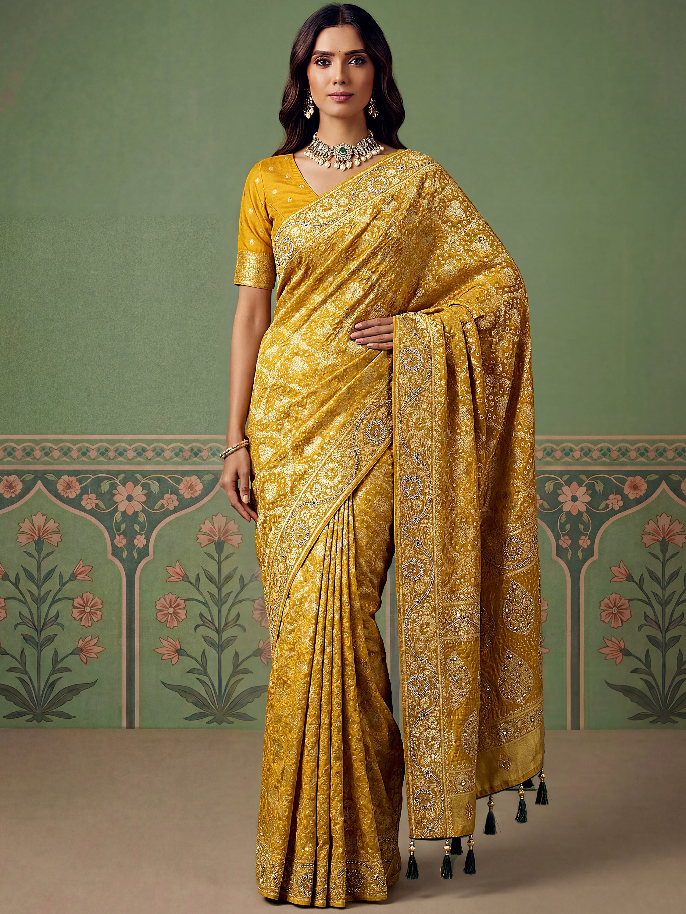 Alluring Mustard Yellow Zari Work Silk Event Wear Saree With Blouse