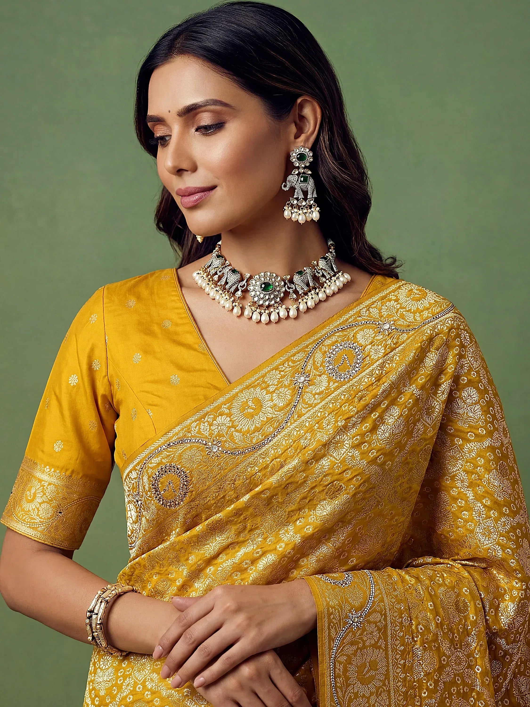 Alluring Mustard Yellow Zari Work Silk Event Wear Saree With Blouse