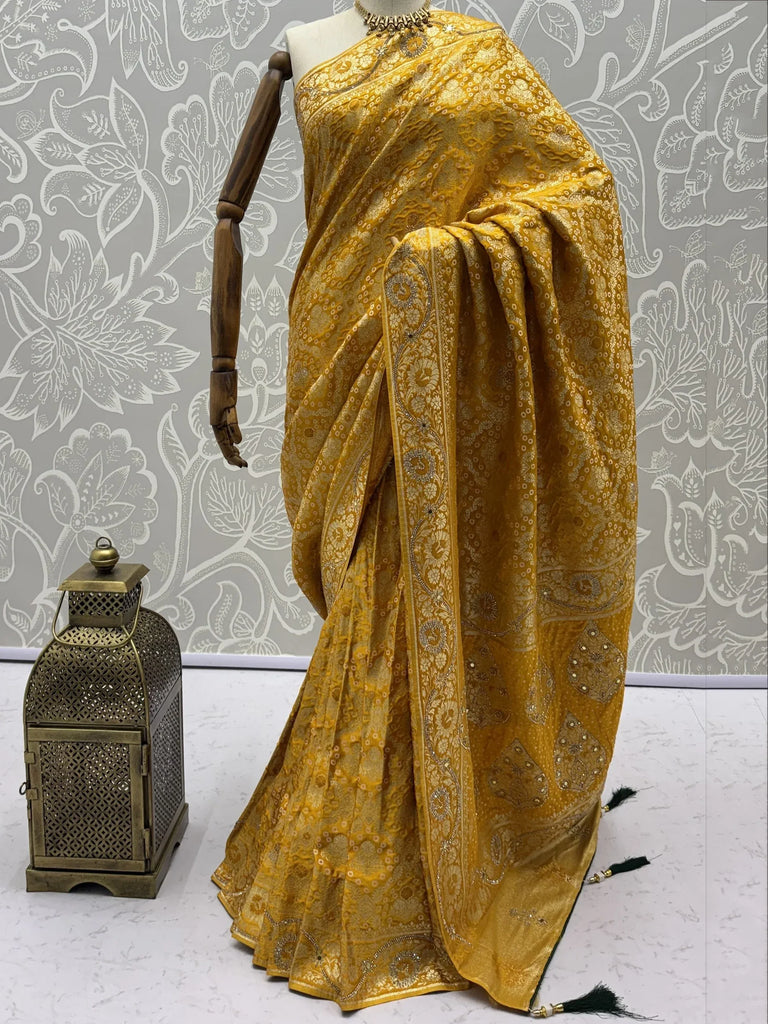 Alluring Mustard Yellow Zari Work Silk Event Wear Saree With Blouse
