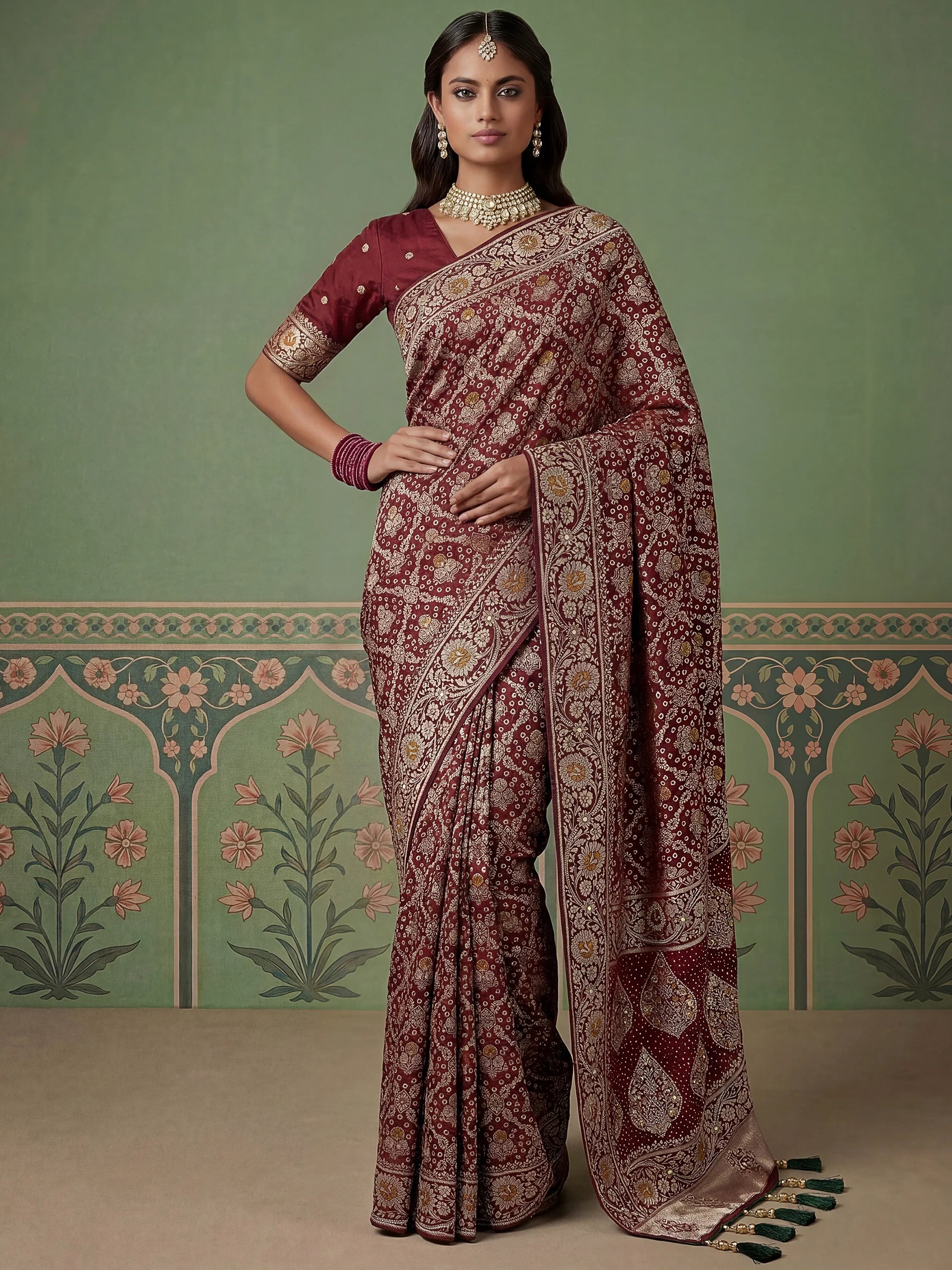 Outstanding Maroon Zari Embroidery Silk Bridal Saree With Blouse