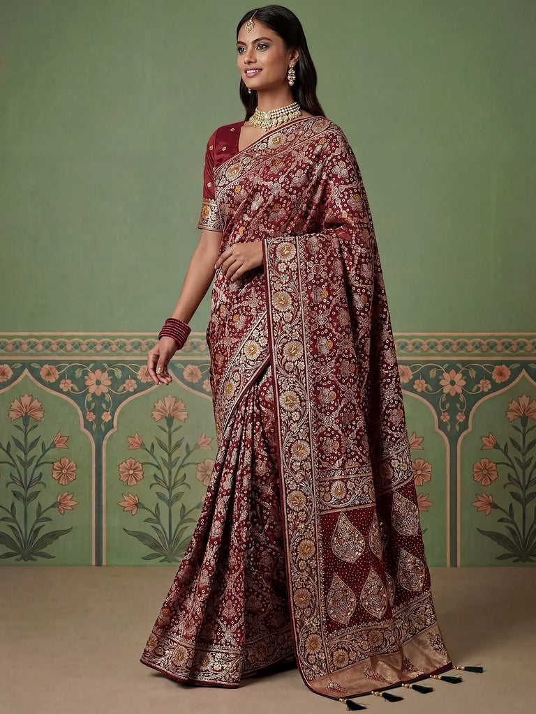 Outstanding Maroon Zari Embroidery Silk Bridal Saree With Blouse