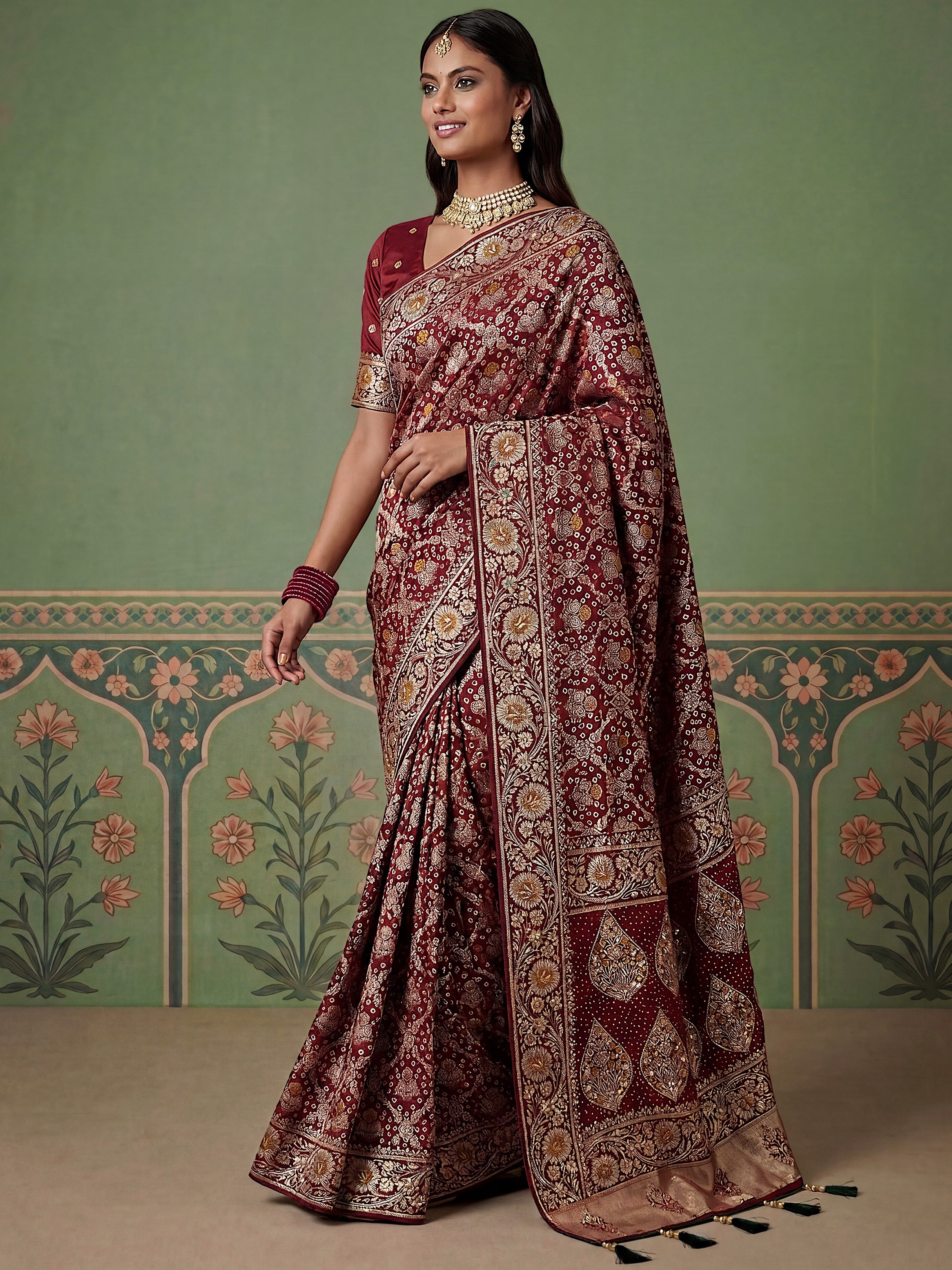 Outstanding Maroon Zari Embroidery Silk Bridal Saree With Blouse