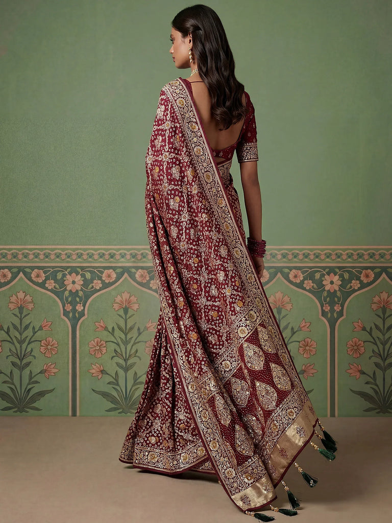 Outstanding Maroon Zari Embroidery Silk Bridal Saree With Blouse