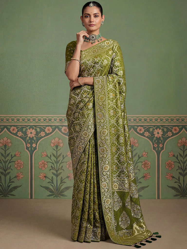Dreamy Green Banarasi Work Silk Marriage Wear Saree With Blouse