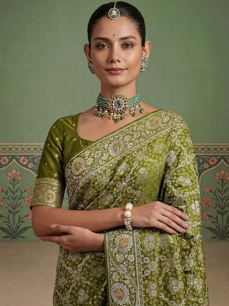 Dreamy Green Banarasi Work Silk Marriage Wear Saree With Blouse