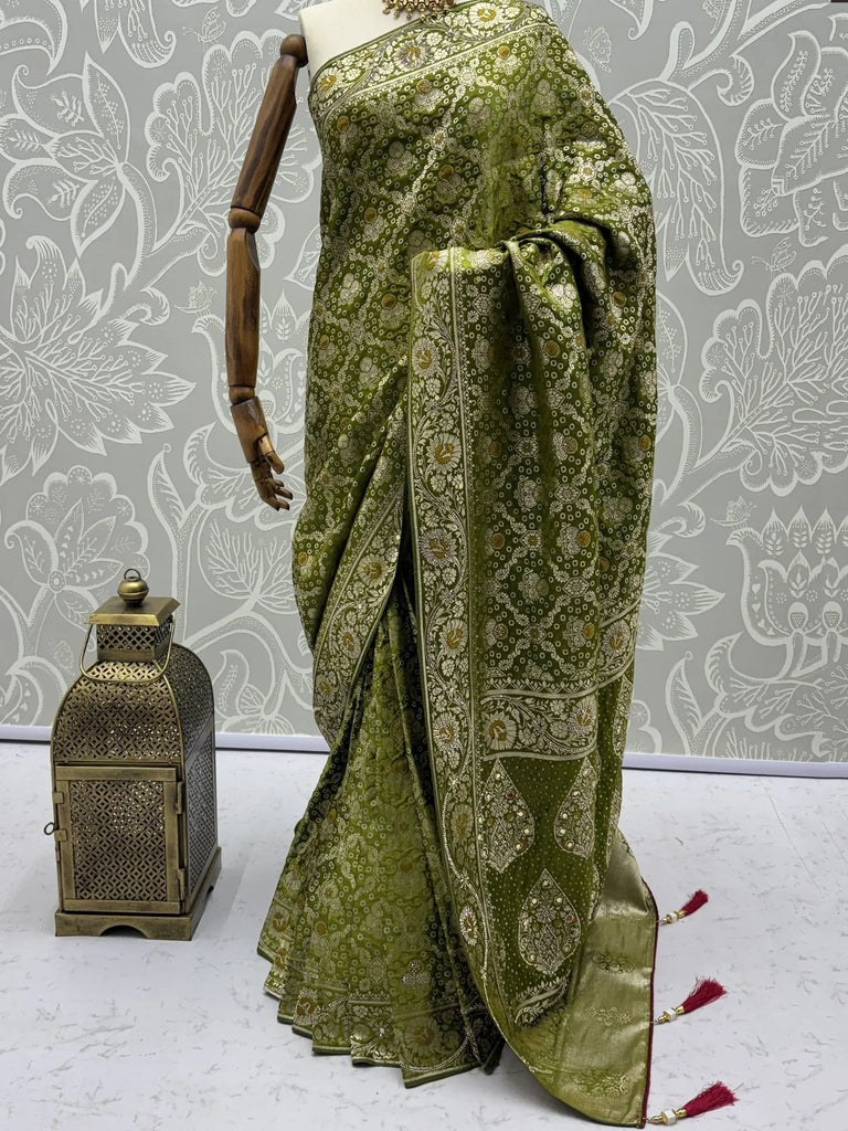 Dreamy Green Banarasi Work Silk Marriage Wear Saree With Blouse