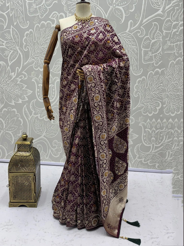 Attractive Wine Zari Work Silk Reception Wear Saree With Blouse