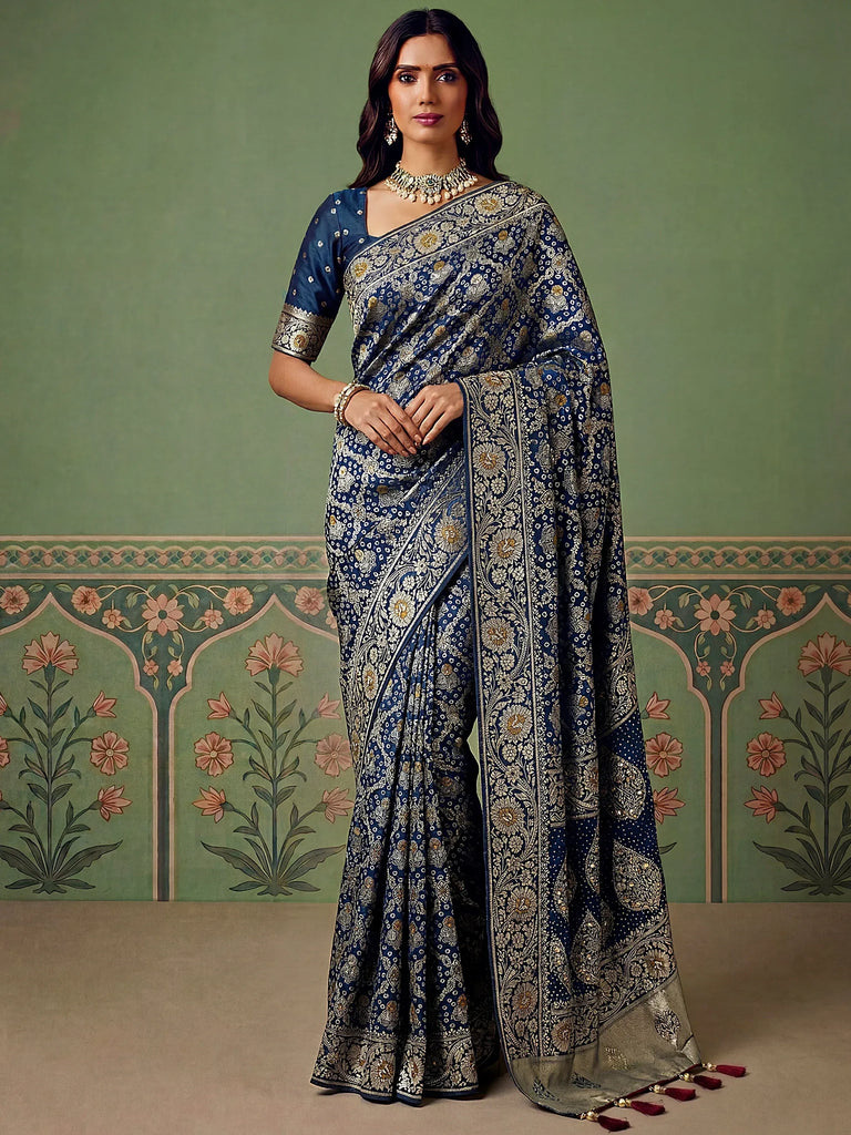 Classic Navy Blue Banarasi Work Silk Engagement Wear Saree With Blouse
