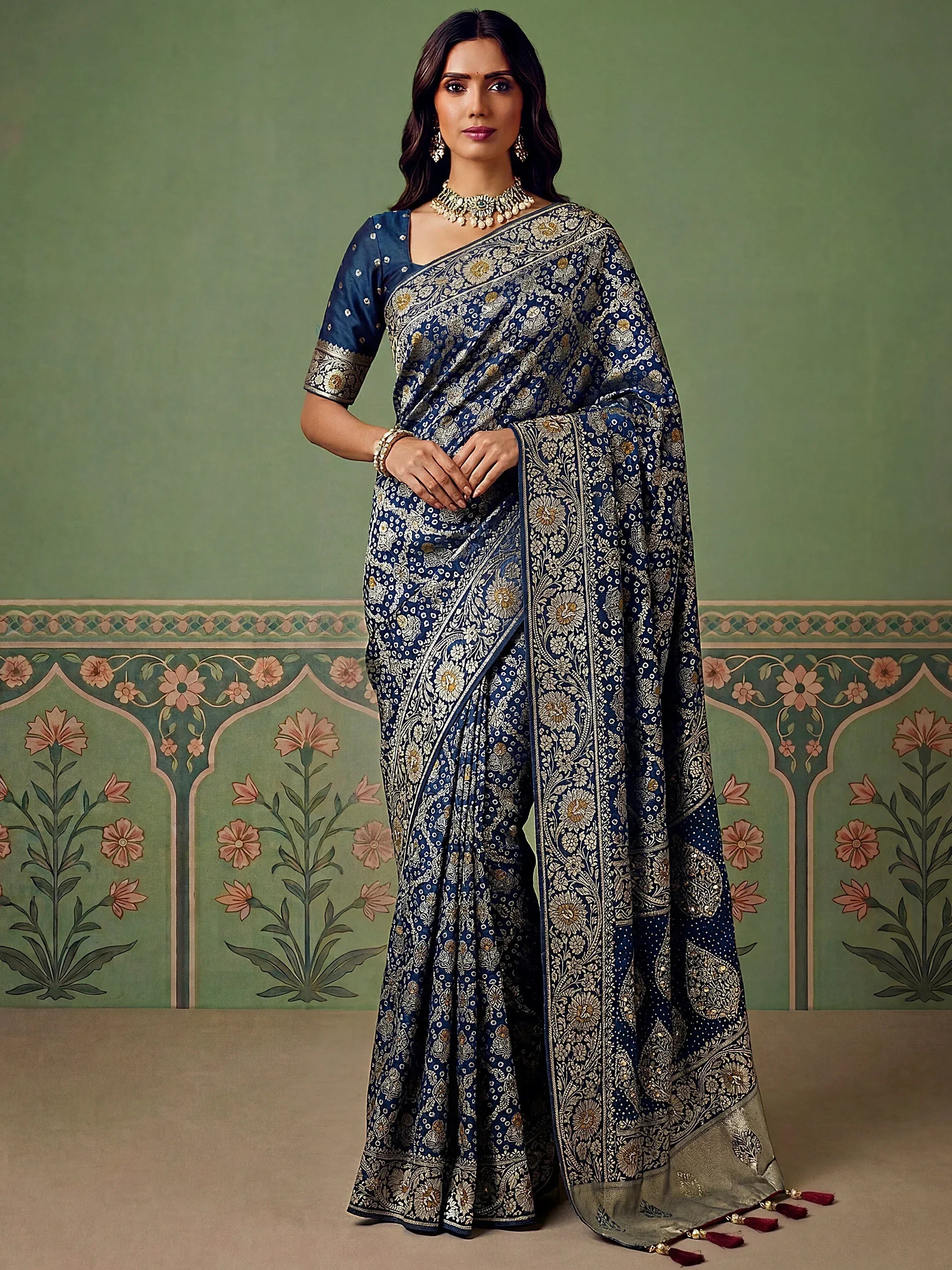 Classic Navy Blue Banarasi Work Silk Engagement Wear Saree With Blouse